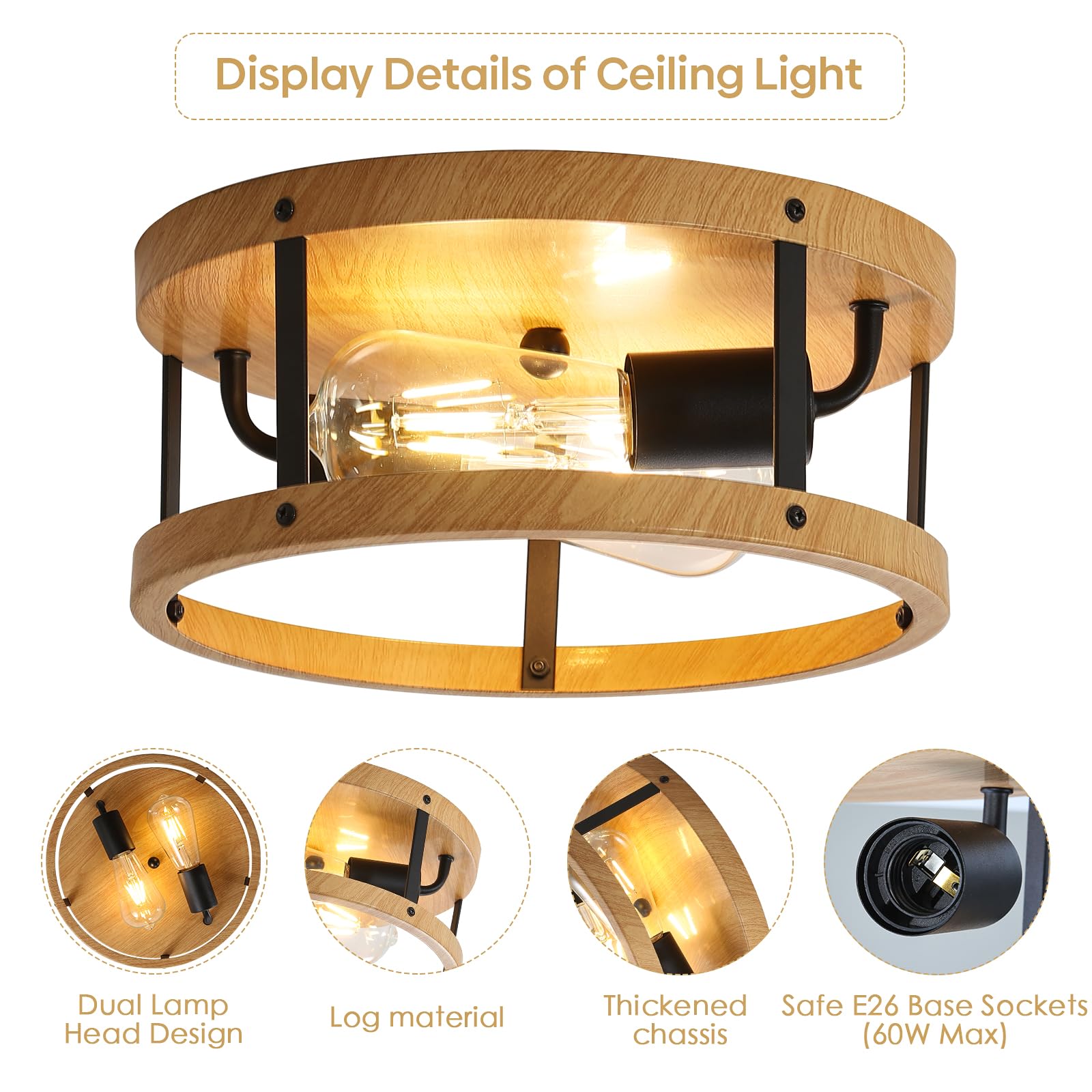 Eietonte Flush Mount Ceiling Light Fixture, 11Inch 2-Light Drum Close To Ceiling Lighting, Rustic Black Metal And Wood E26 Base