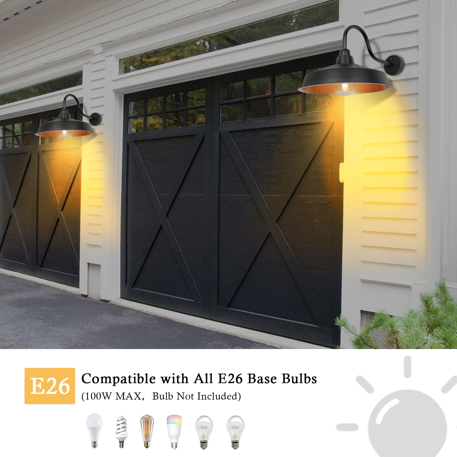 Diyel Gooseneck Barn Light - 16" Outdoor Wall Sconce, Dusk to Dawn, Black & Gold, 2 Pack, Model DDRZ020 GD-2PACK