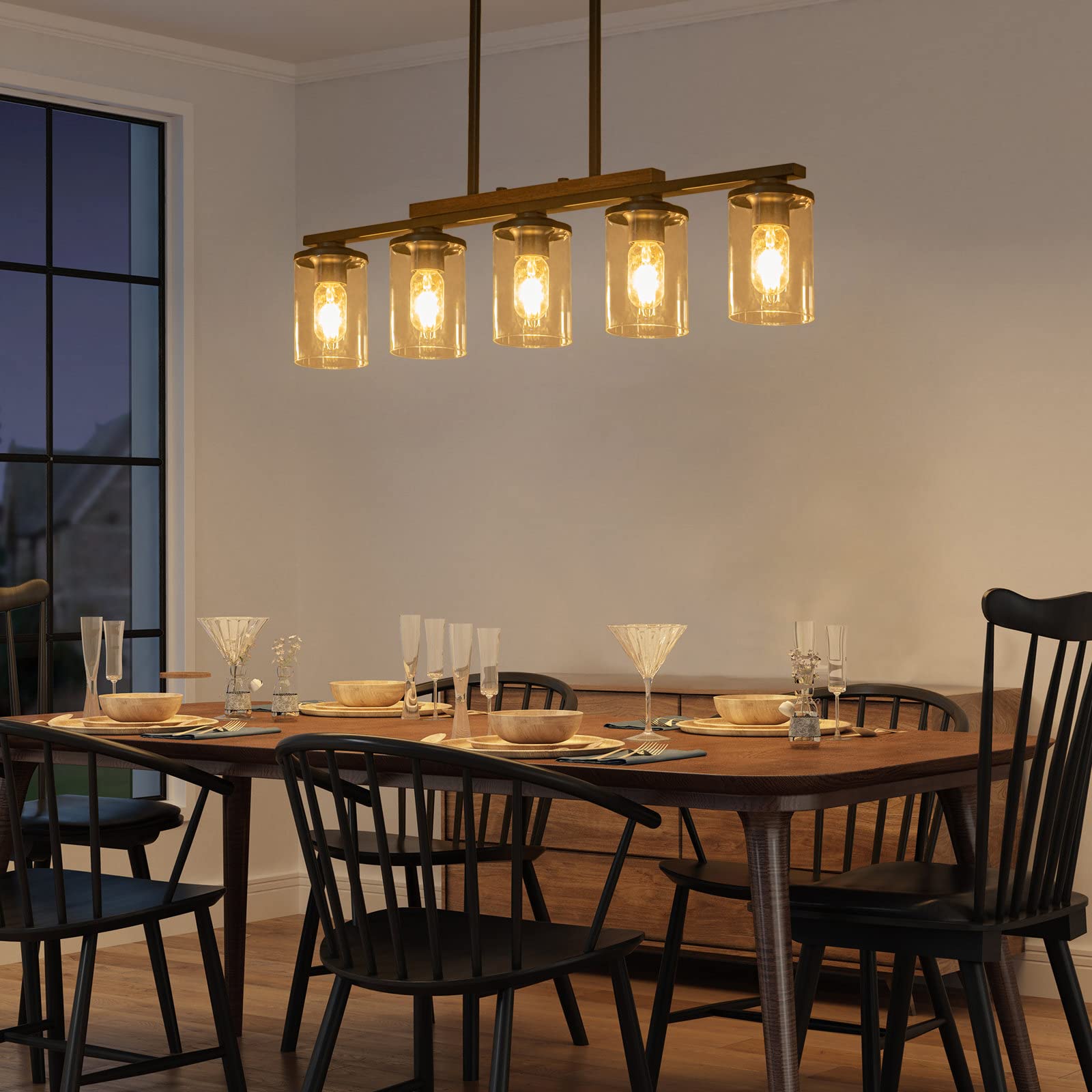 Farmhouse Dining Room Light Fixture,5-Light Kitchen Island Chandelier With Rustic Wood Frame,Black Metal Finish And Clear Glass