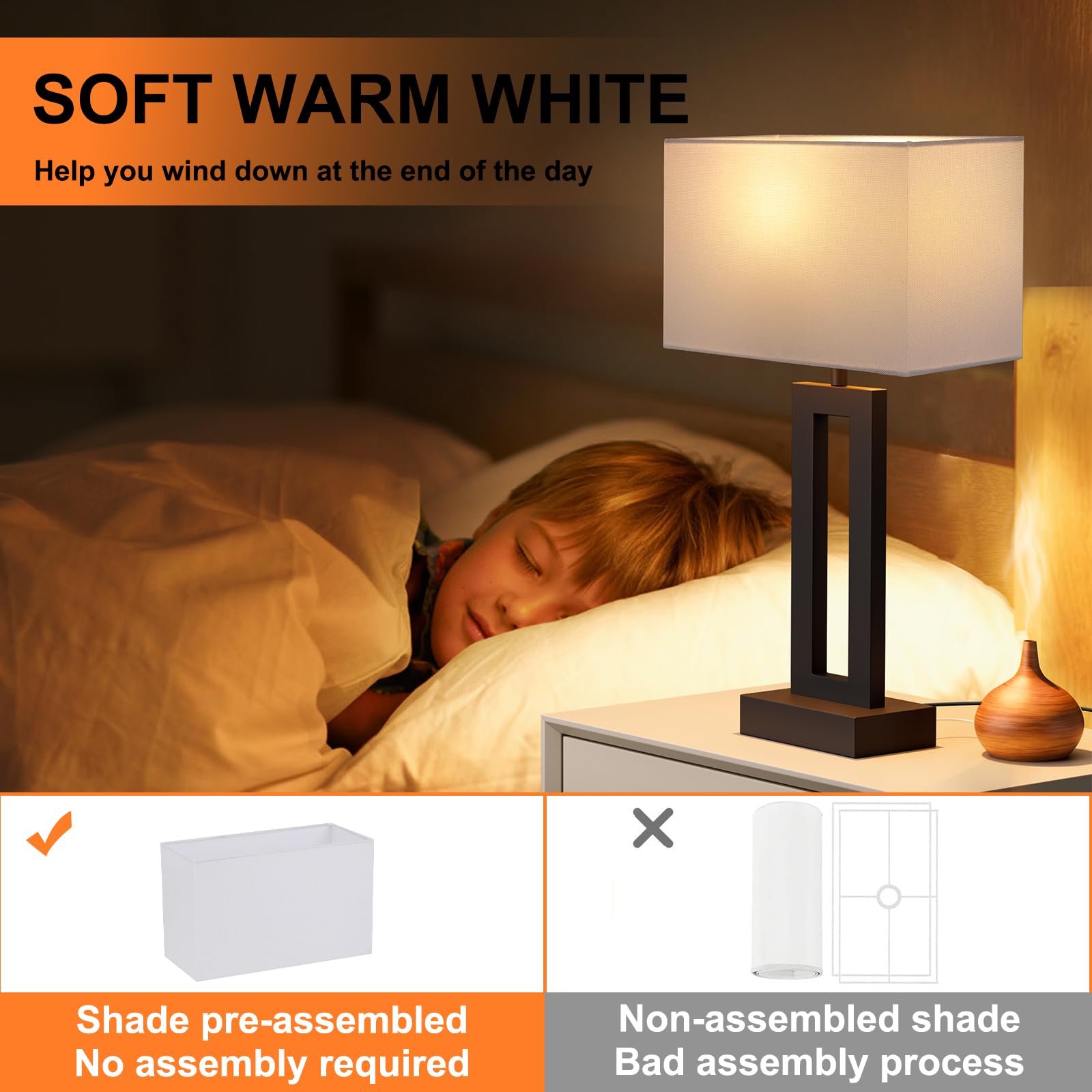 Seealle Nightstand Table Lamps Set of 2 - Touch Control, 3-Way Dimmable, USB C+A, Metal, Medium Size, White&Black