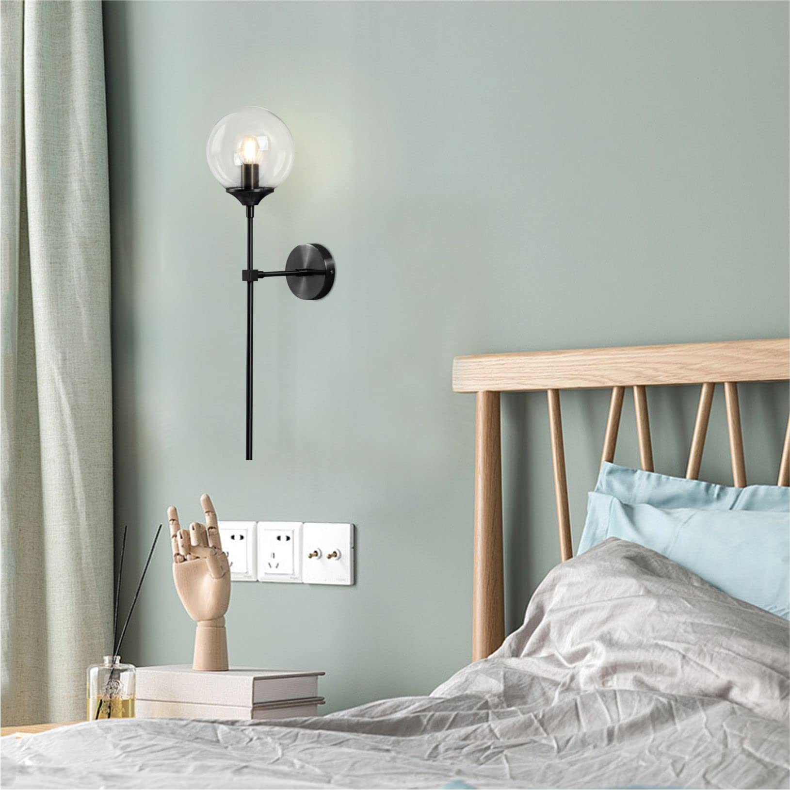 KCO Mid Century Wall Sconce Black Clear Glass Globe Light, Model W1032-B-C, Minimalist Design for Hallway, Stairs, Bathroom
