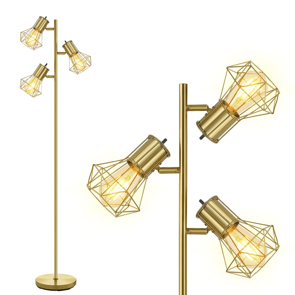 Boostarea Industrial Floor Lamp - 3 Adjustable Cage Heads, Edison Bulbs, Rustic Tree-Gold Design
