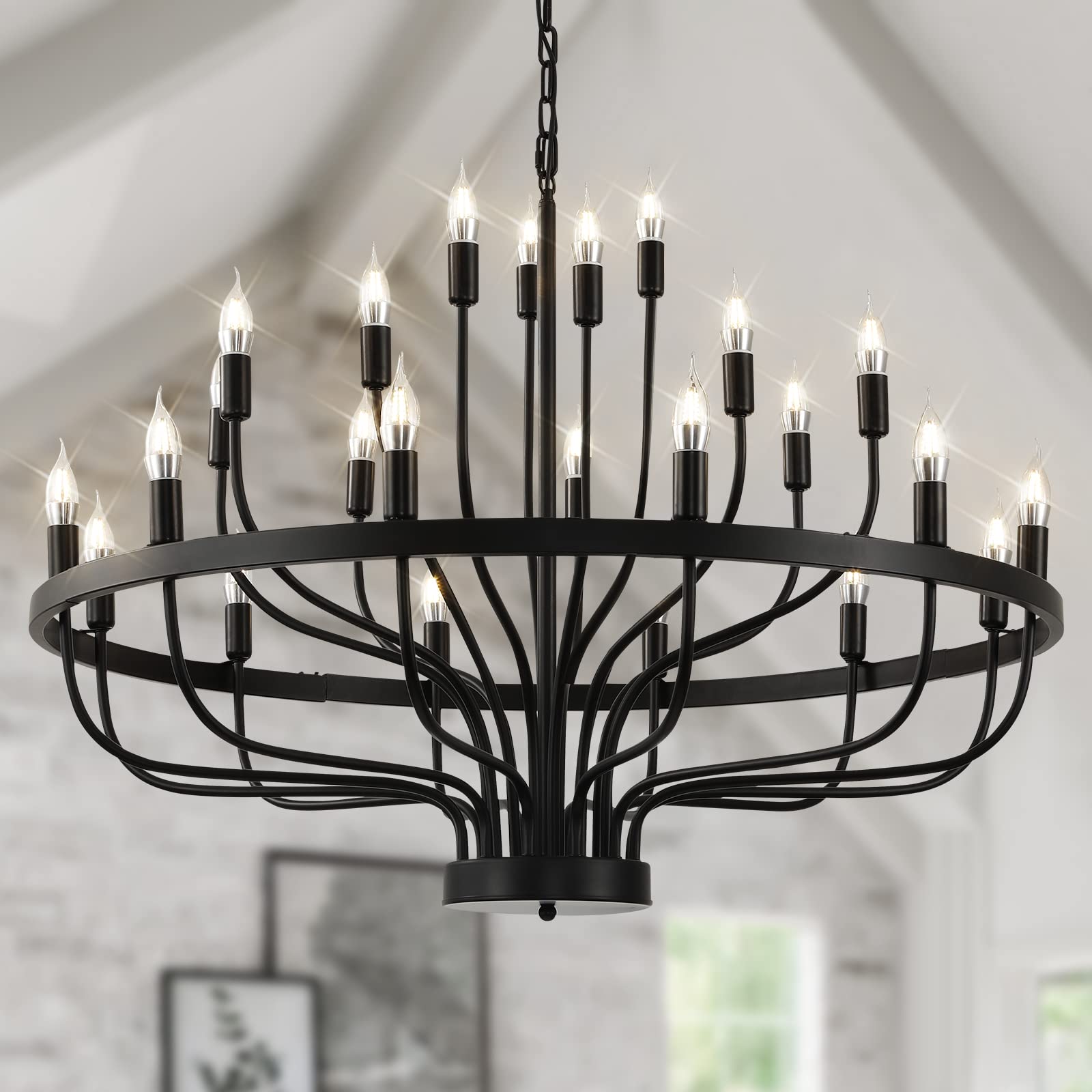 Black Chandelier 24 Light, Modern Farmhouse Chandelier for Dining Room, Round Industrial Candle Chandeliers Light, Wagon Wheel C
