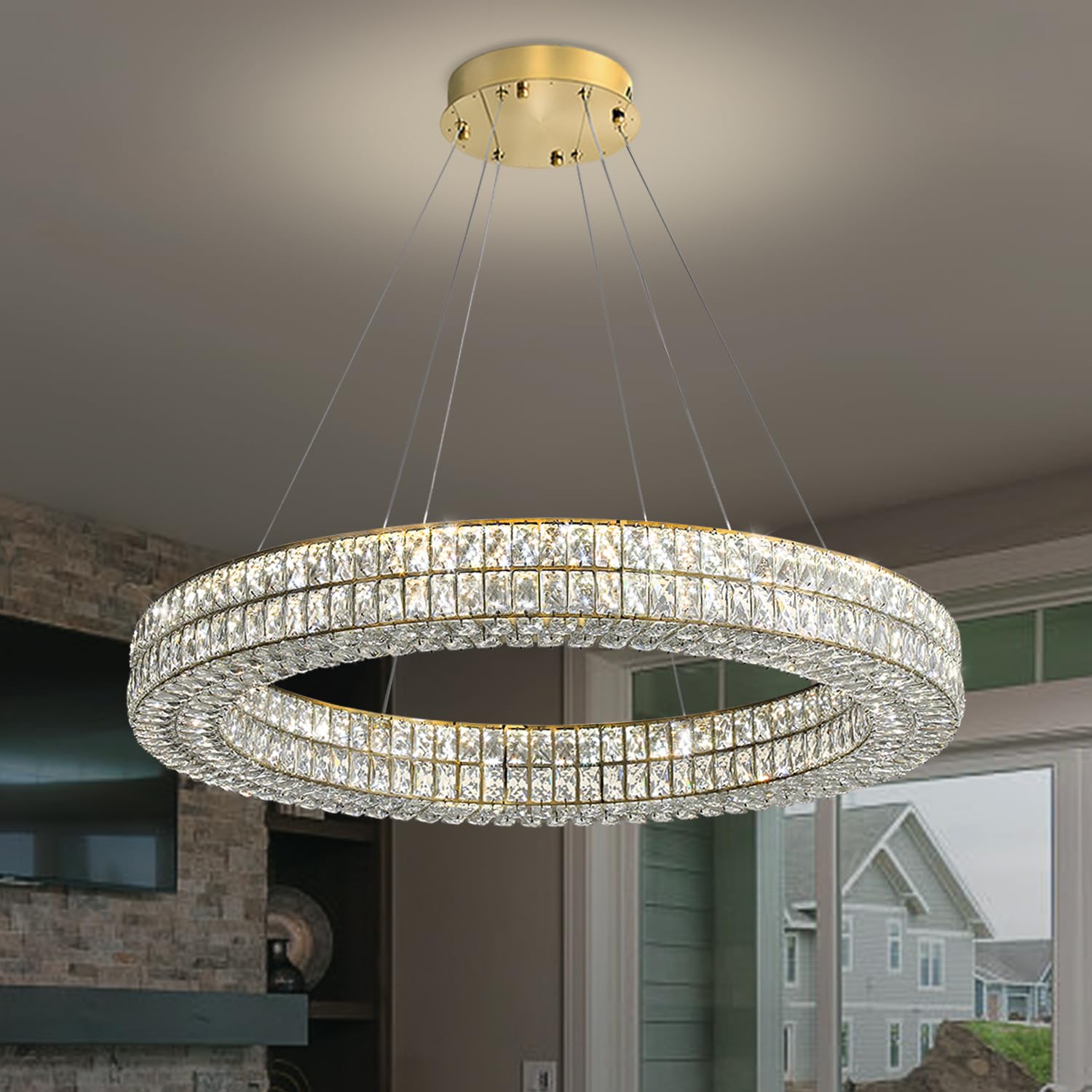 Idequy Led 24'' Gold Ring Crystal Chandelier, Modern Dimmable Chandeliers Lighting And Hanging Adjustable, Led Round Ceiling Lig