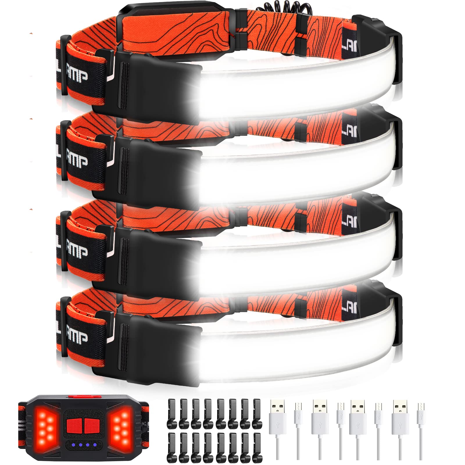 Adelante LED Headlamp Flashlight 1000LM, 230° Wide-Beam, USB Rechargeable, Waterproof, 4 Pack, Orange, Model 6680