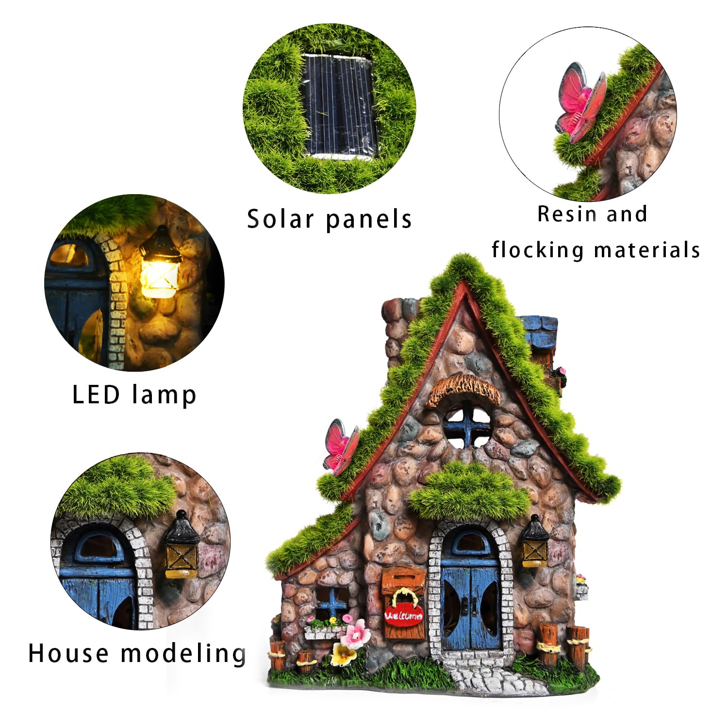 ASAWASA Fairy House Statue with Solar Lights, Resin Garden Sculpture, Double House Decor