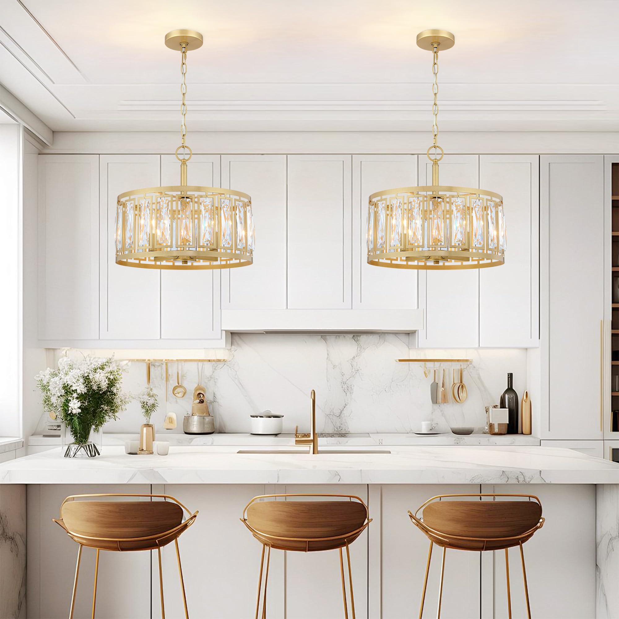 Gold Crystal Chandeliers, 4-Light Modern Pendant Lighting For Dining Room Hanging Ceiling Light Fixtures Over Table, Modern Crys