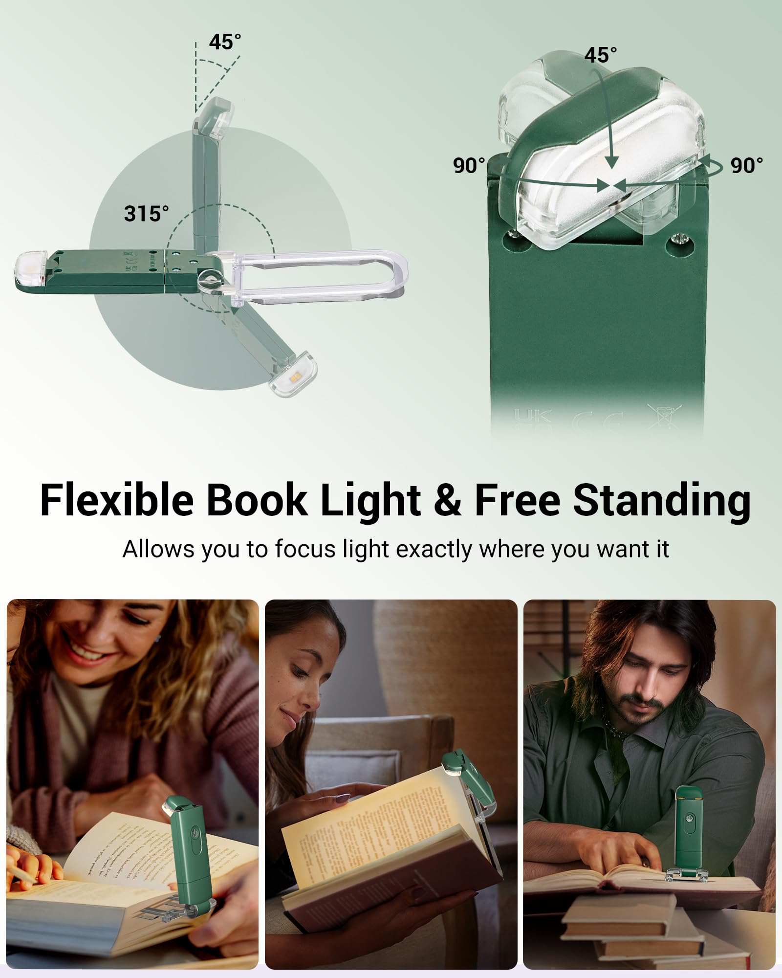 DEWENWILS USB Rechargeable Book Reading Light, LED Clip-on, 4 Brightness Levels, Dark Green, Model IT-008
