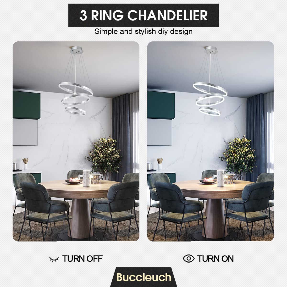 Buccleuch 3-Ring LED Chandelier - Dimmable, Height Adjustable, Silver Pendant Light for Dining Room, Living Room, Bedroom, Foyer, 6500K