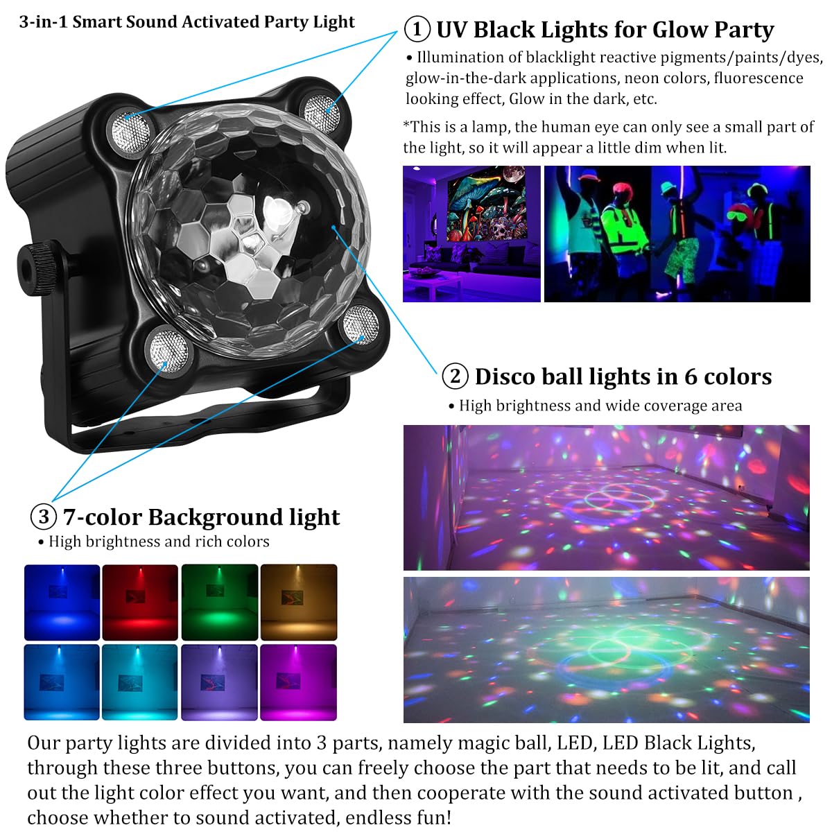 LAUCNPTY Disco Ball Party Lights - Sound Activated Strobe DJ Lighting, Black, Model TC-7011-1, Ideal for Indoor/Outdoor Events and Parties