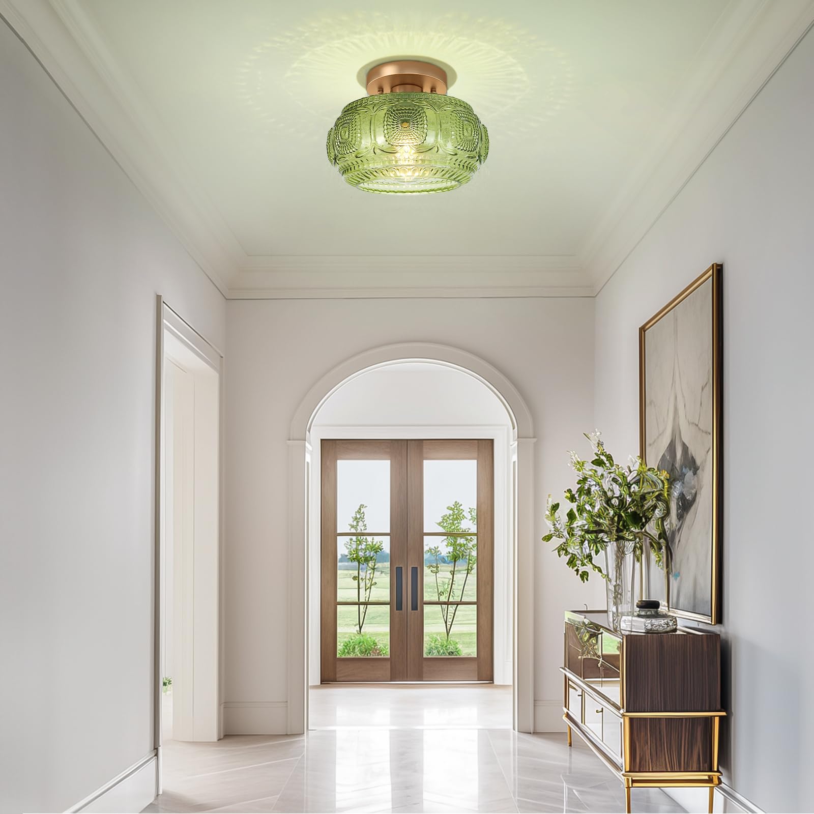 OYKYOHEI Semi Flush Mount Ceiling Light, Green Glass Fixture, 9.38" Art Deco Design for Hallway, Bedroom, Bulb Not Included