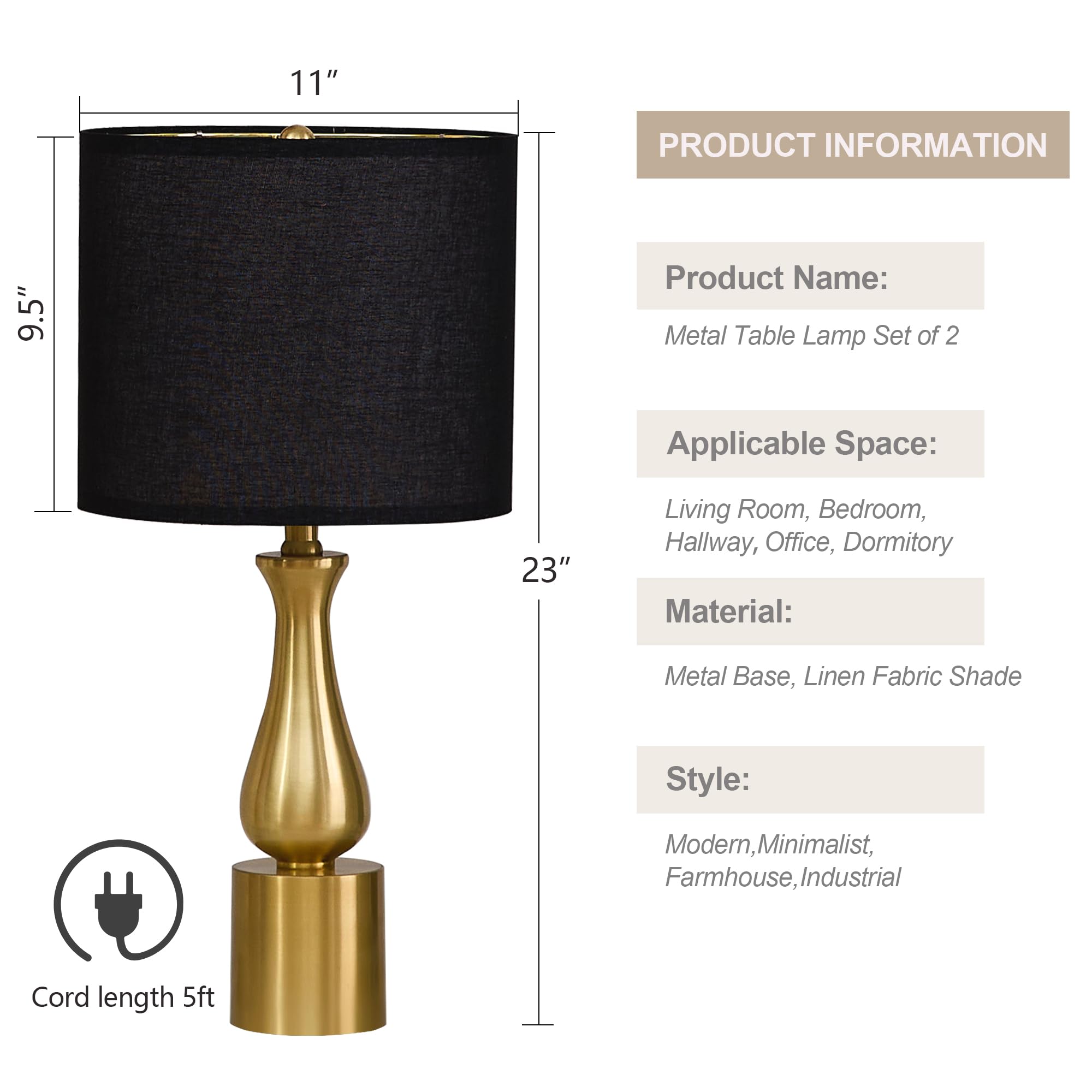 23'' Black Gold Table Lamps For Living Room Set Of 2, Small Nightstand Lamps Set Of 2 For Bedroom, Modern Gold Lamps Set Of 2 Fo