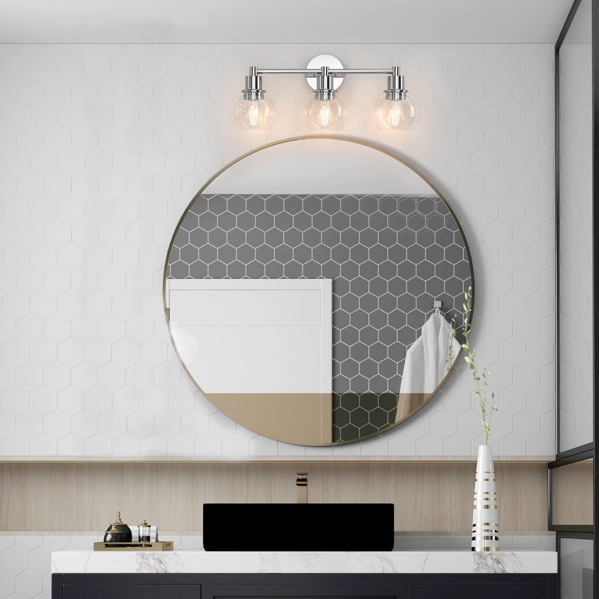 Espird 3-Light Bathroom Vanity Light Fixtures, Polished Chrome Metal Wall Sconce, Model EP-HL-N3C, Industrial & Farmhouse Design