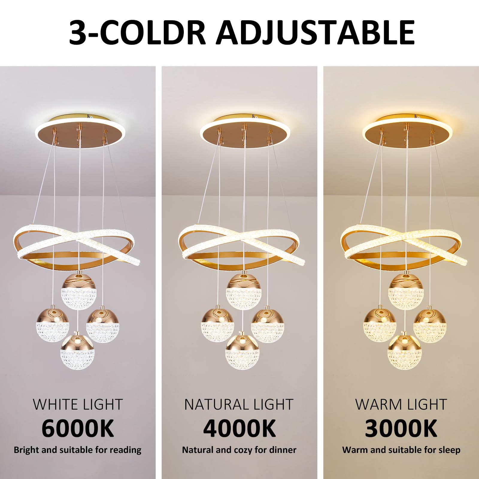 SpavzeMe Modern Gold LED Chandelier - 3-Color Dimmable Pendant Light, Adjustable Height for Kitchen, Dining, Living Room, Model CT-1