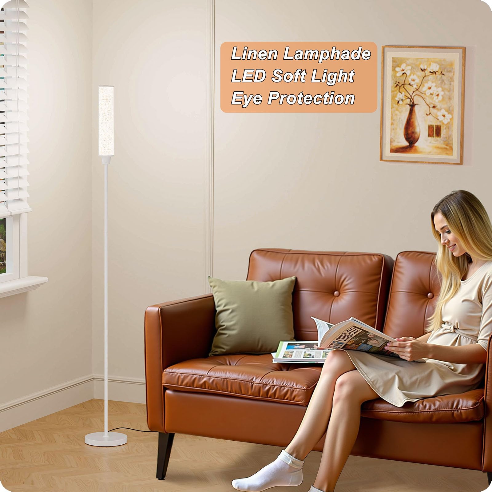 Nukanu Floor Lamp with Remote Control, 3000K-6000K Adjustable Brightness, White+Beige Linen, Model FLP-DHY