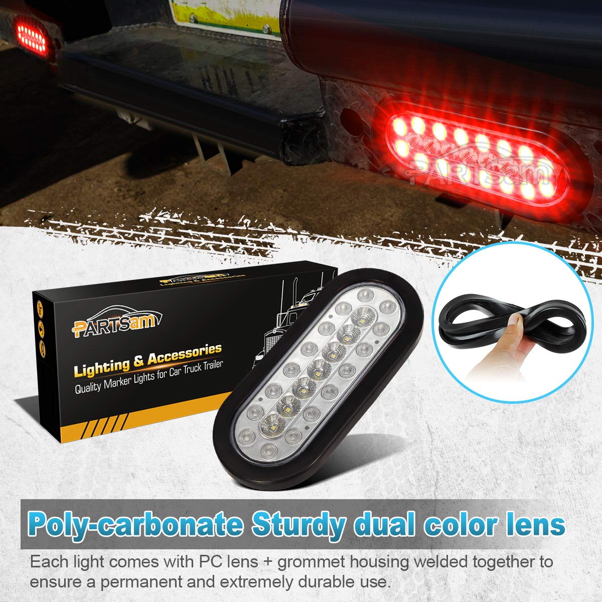 Partsam 2Pcs 6.3 Inch Oval Led Stop Turn Tail Lights With Reverse Lights Red And White Clear Lens 23 Led, Sealed 6.3 Inch Oval Led Trailer Tail Lights Backup Lights W Reflectors Grommet Flush Mount