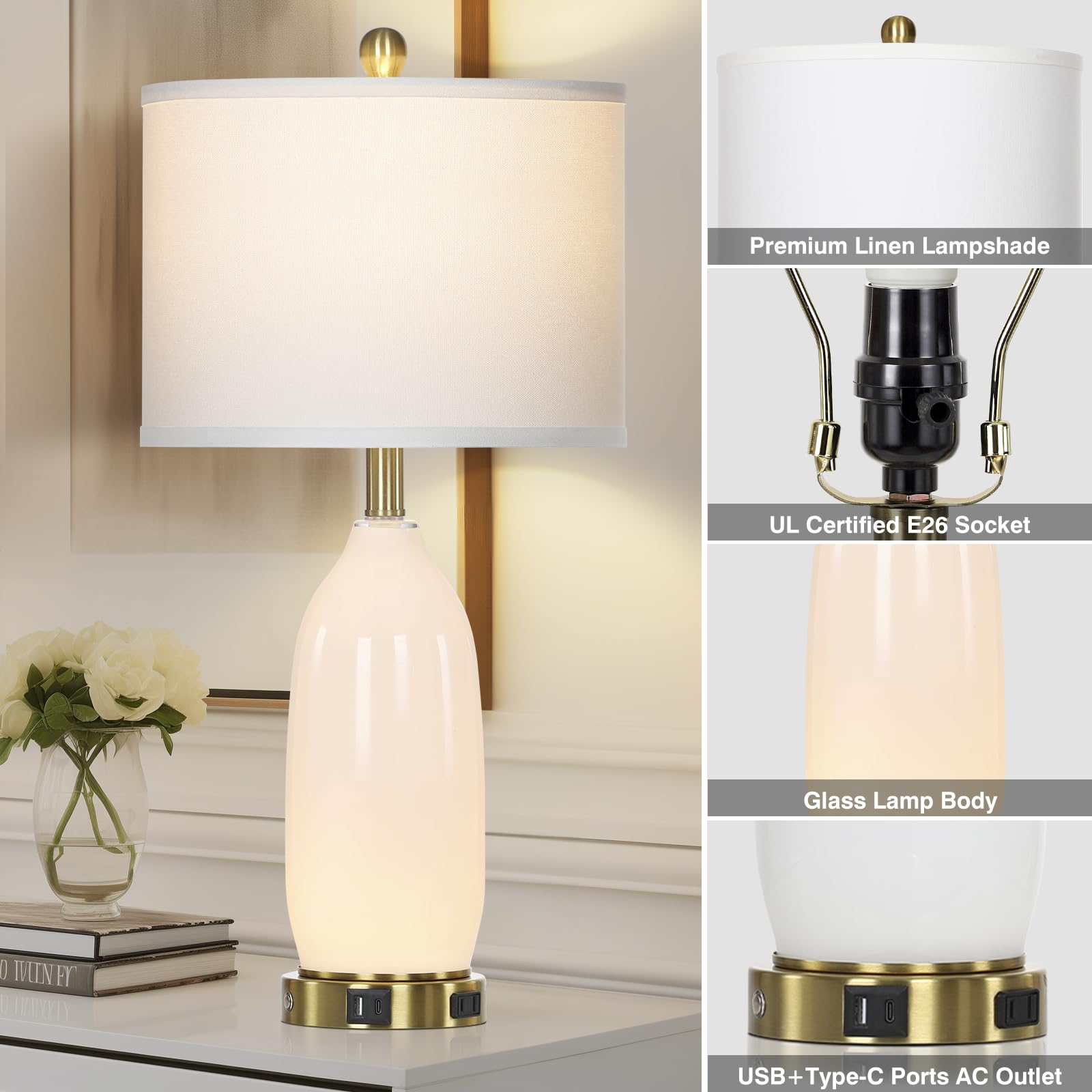 Rinweey 26'' Modern White Glass Table Lamps Set Of 2,Nightstand Lamp With Usb A+C Ports & Ac Outlet,Bedside Lamps With 3-Way Dim