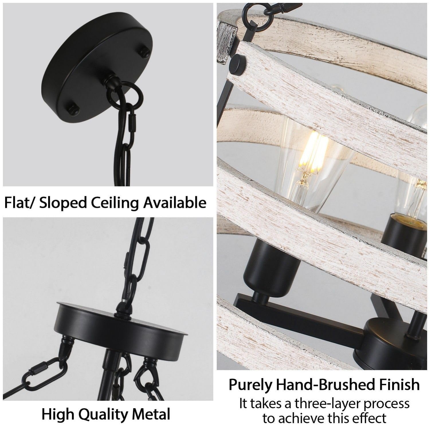 Luupyia Rustic Farmhouse Chandelier, 18.89" White Drum Pendant Light, 4 Lights E26, Vintage Metal Fixture for Dining Room & Entryway