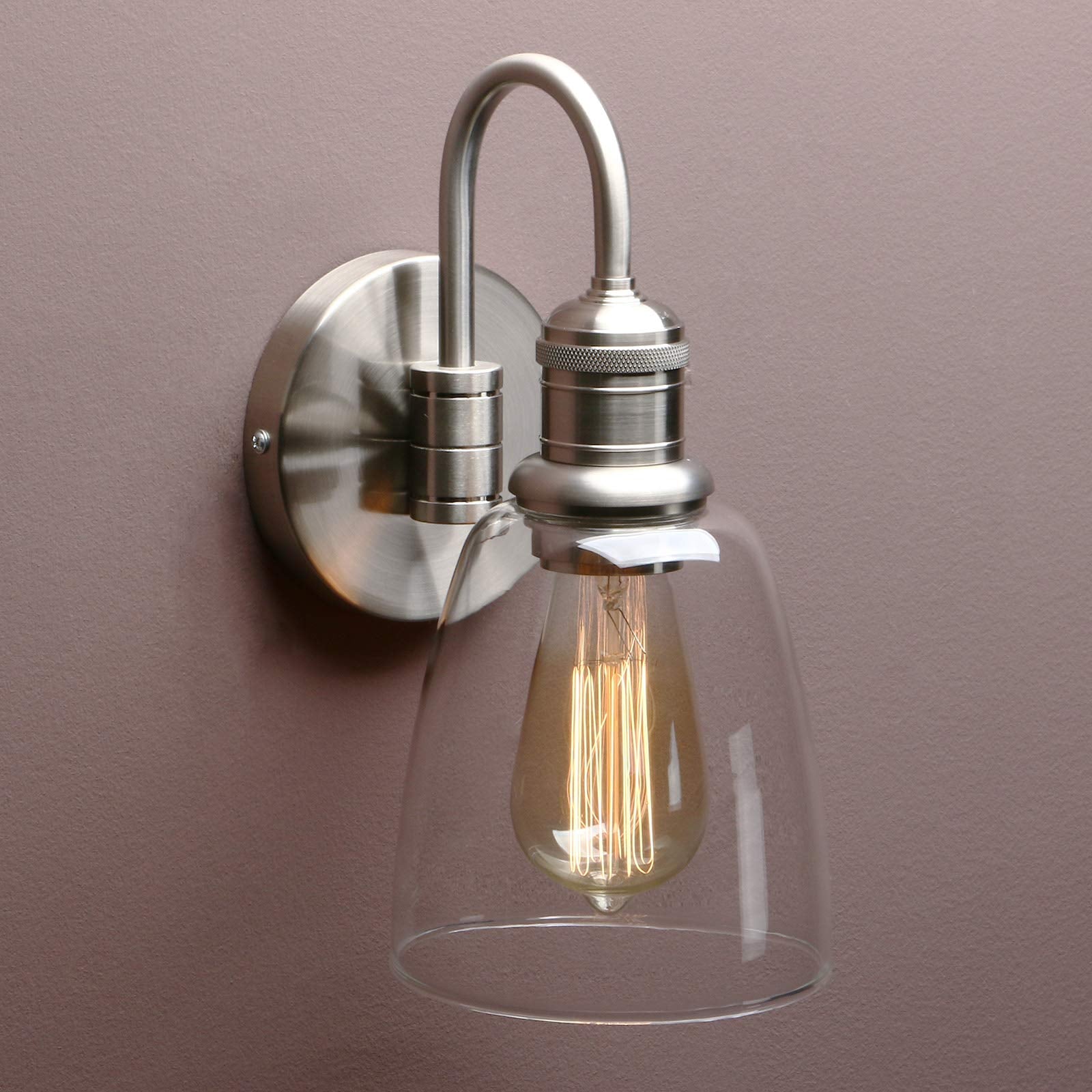 Yosoan 1-Light Brass Wall Sconce, Retro Clear Glass Shade, Hardwired, Model 6123, Brushed Finish