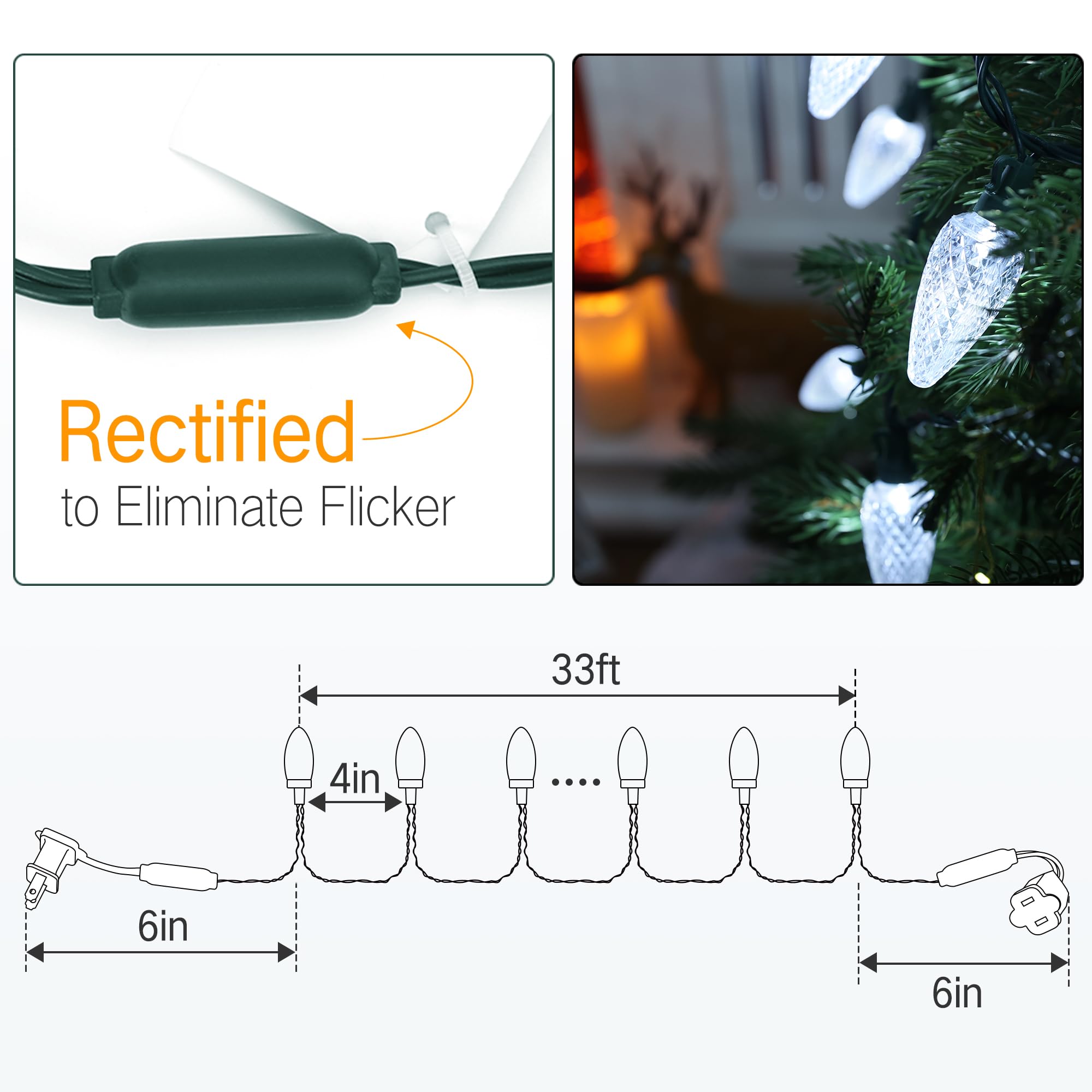 Brizled White Christmas Lights White, 33Ft 50 Led C9 Christmas Lights String, Connectable Outdoor Xmas Lights, 120V Ul Certified Tree Lights For Indoor Outdoor Christmas, Garden, Holiday, Yard, Party