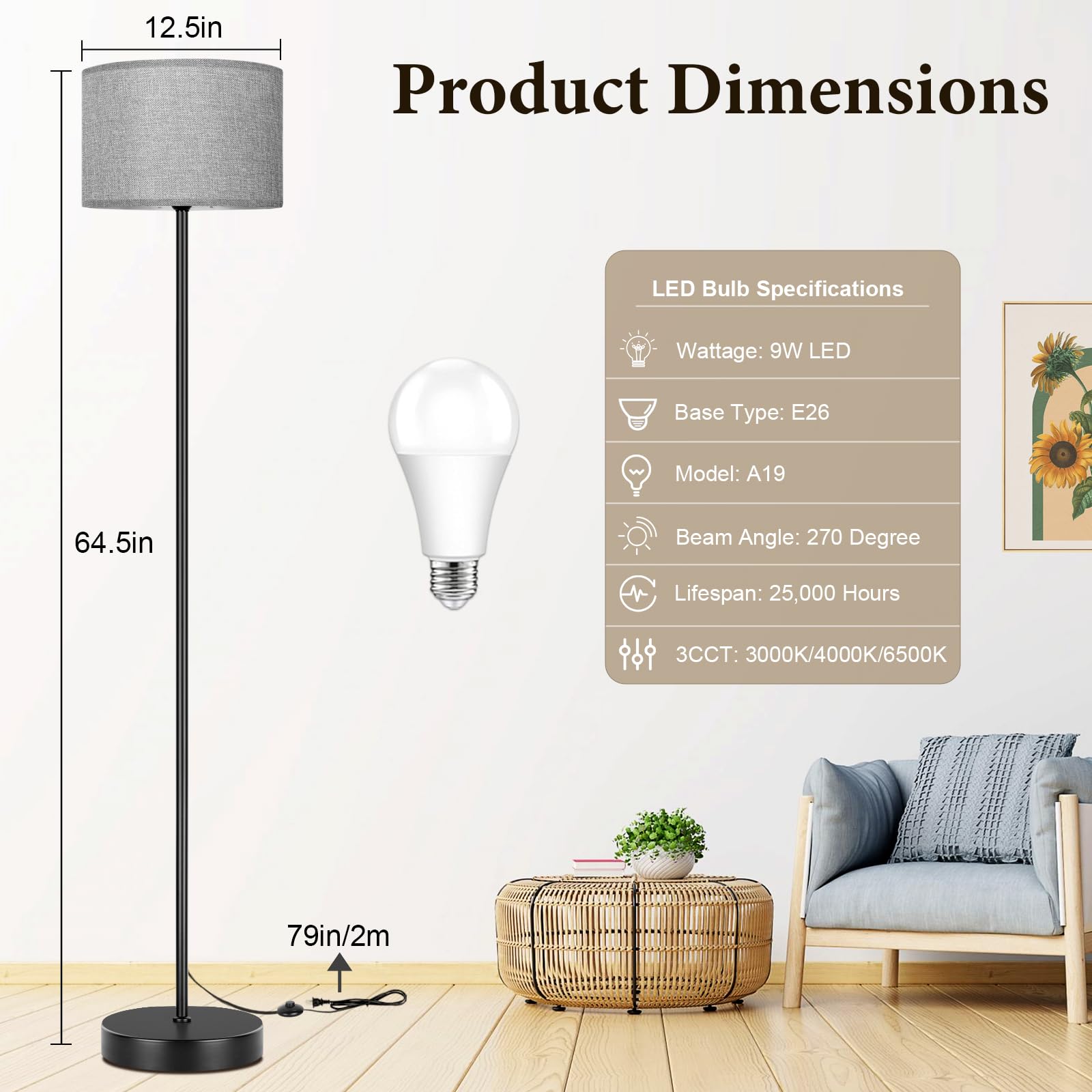 65? Tall Floor Lamp For Bedroom, Living Room Pole Floor Light With Grey Shade, Dimmable Standing Floor Lamp With 3-Color Changin