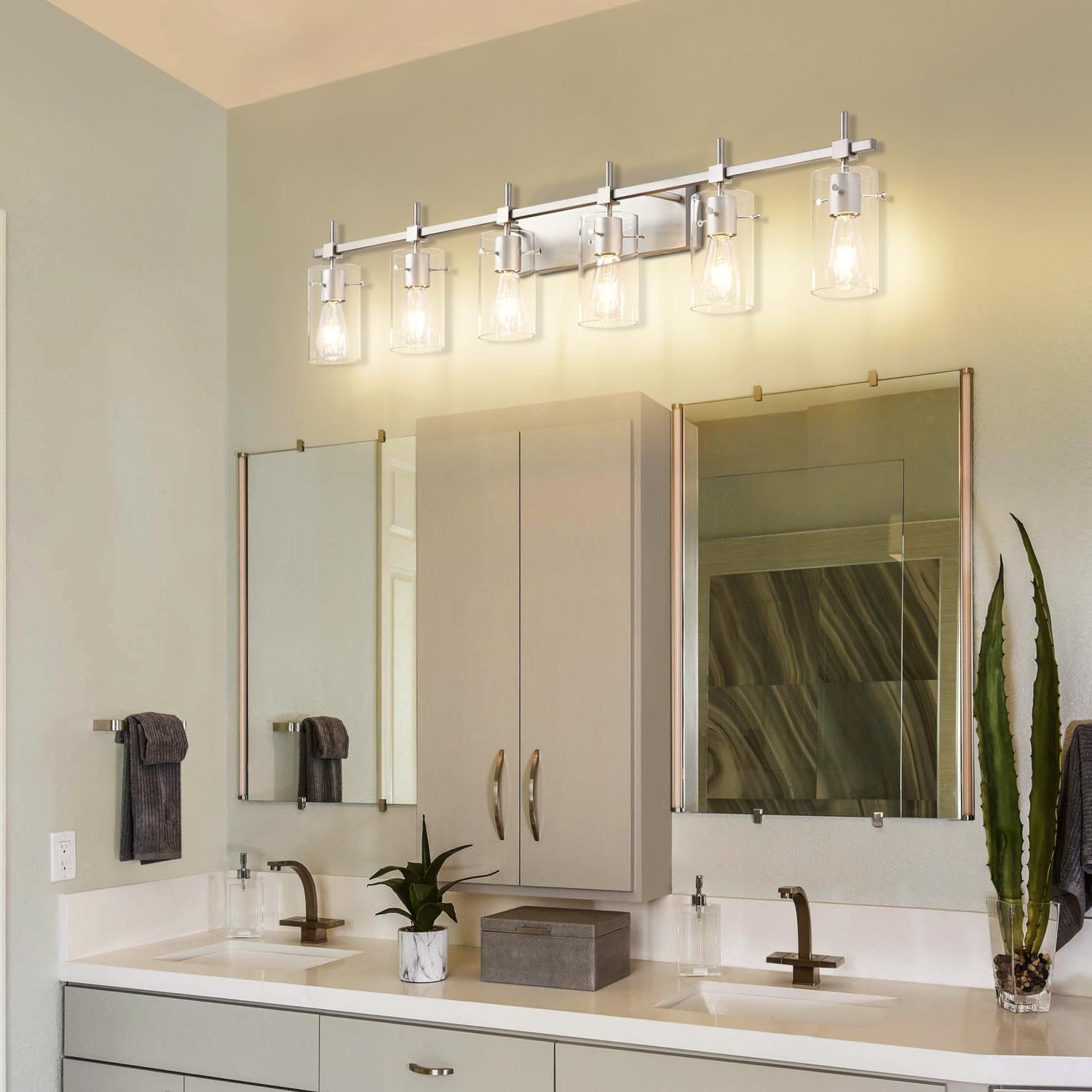 Solfart 49.2 Inch 6 Lights Vanity Light Fixtures For Bathroom Vintage Bathroom Light Fixture Brushed Nickel Light Fixtures Above