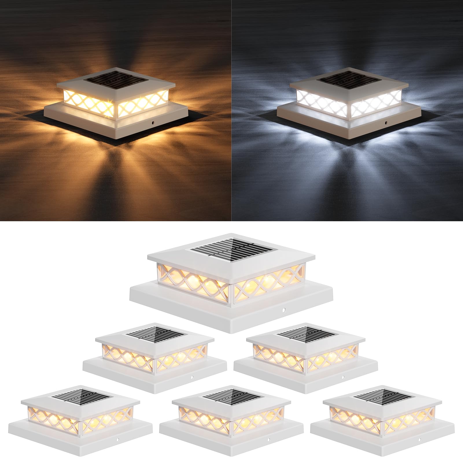 TopVelo 6 Packs Solar Post Cap Lights for Fence and Deck - Auto On/Off Outdoor Lighting, 2 Color Modes with 16 LEDs, Fits 4x4 5x