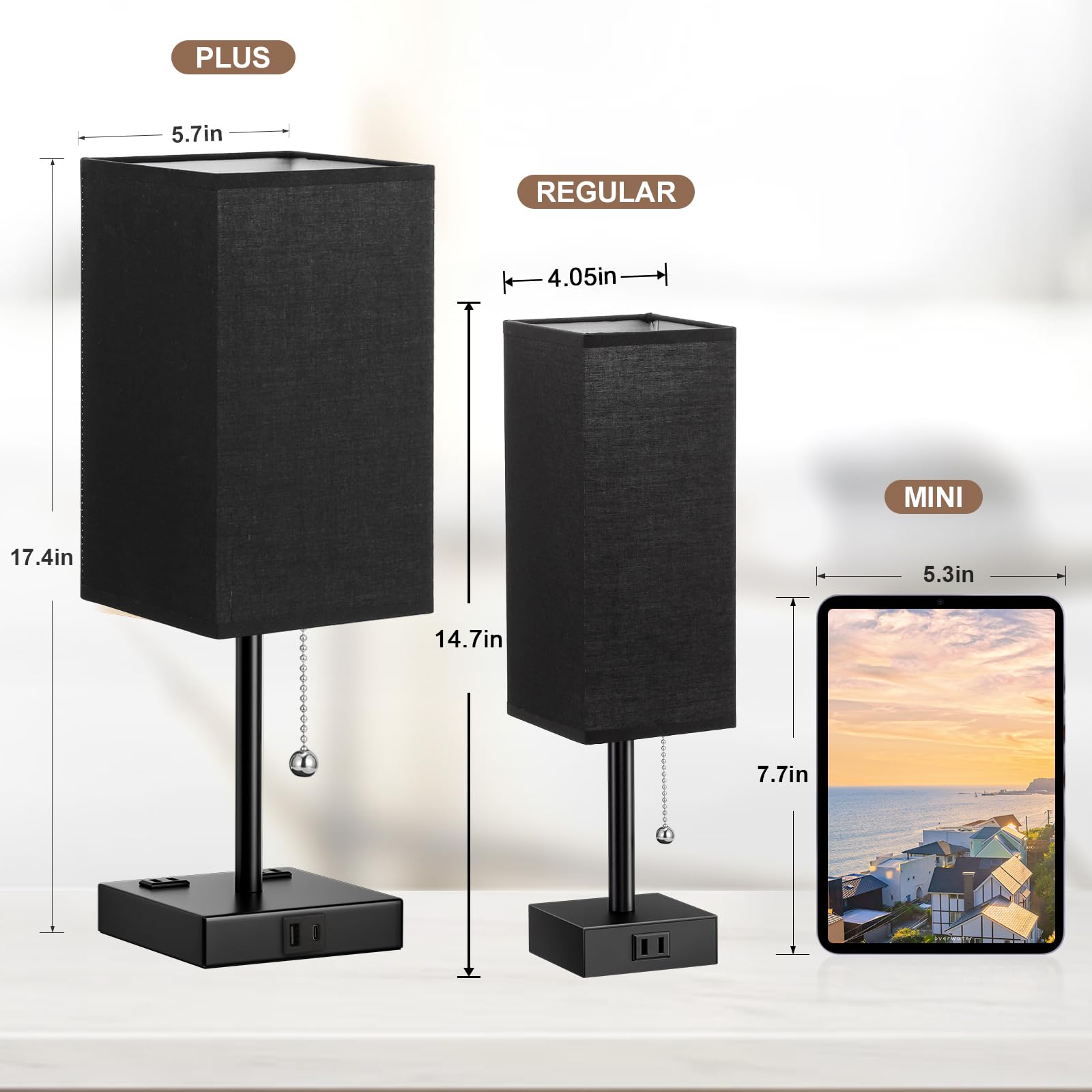 Balck Table Lamps For Bedroom Set Of 2 Nightstand - 17.4In Tall, 3 Color Bedside Lamps With Ac Outlets And Usb A & C For Chargin