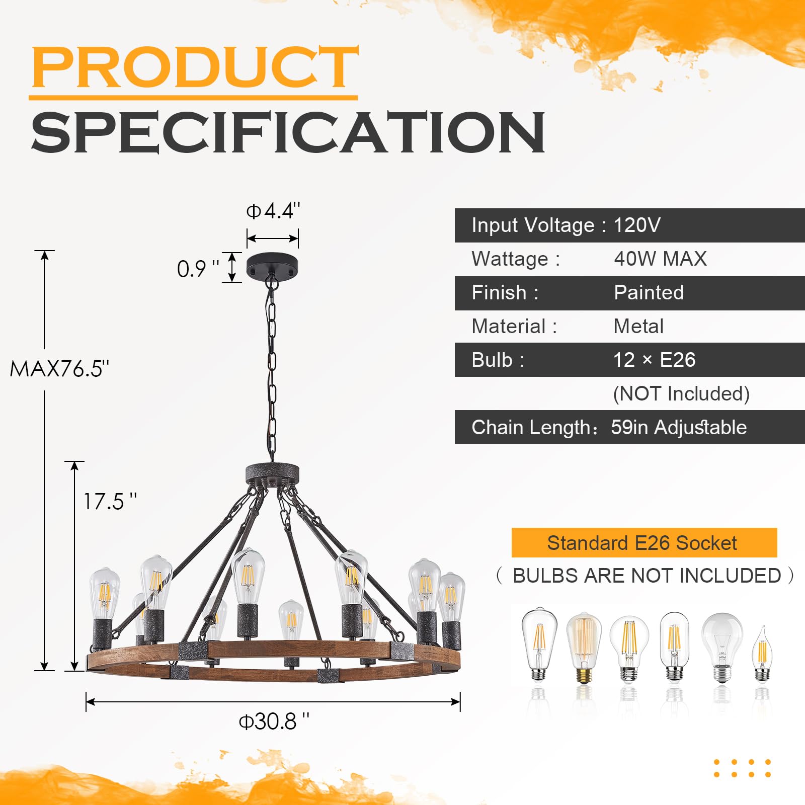 Benkut 31" Farmhouse Wagon Wheel Chandelier, 12-Light Black Wood Fixture for Dining Room, Living Room, Entryway - Model P62-12Z1