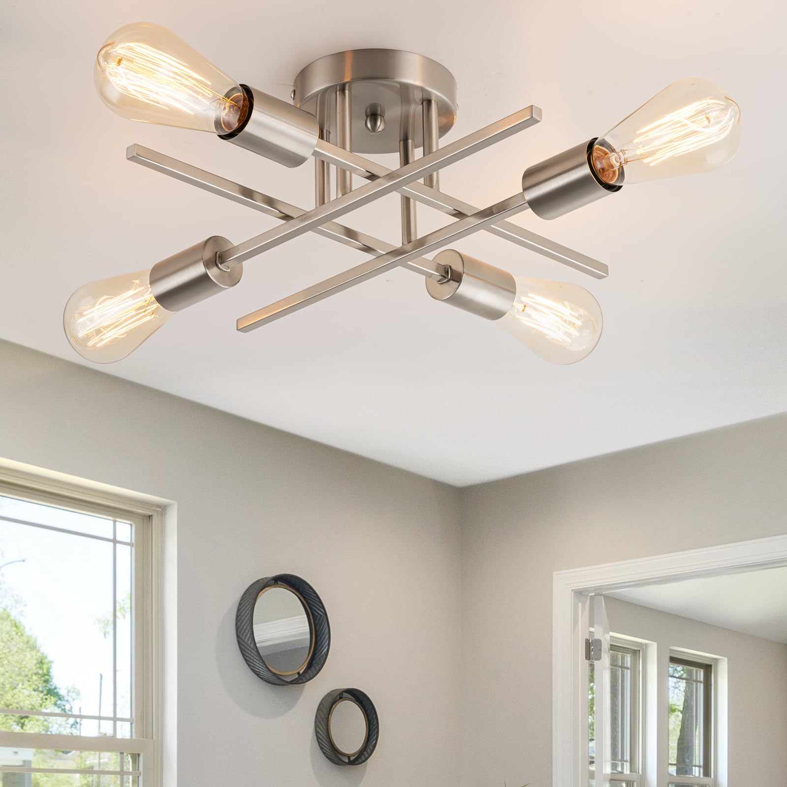 Brknit 4-Light Silver Sputnik Chandelier, Modern Metal Semi Flush Mount Ceiling Light