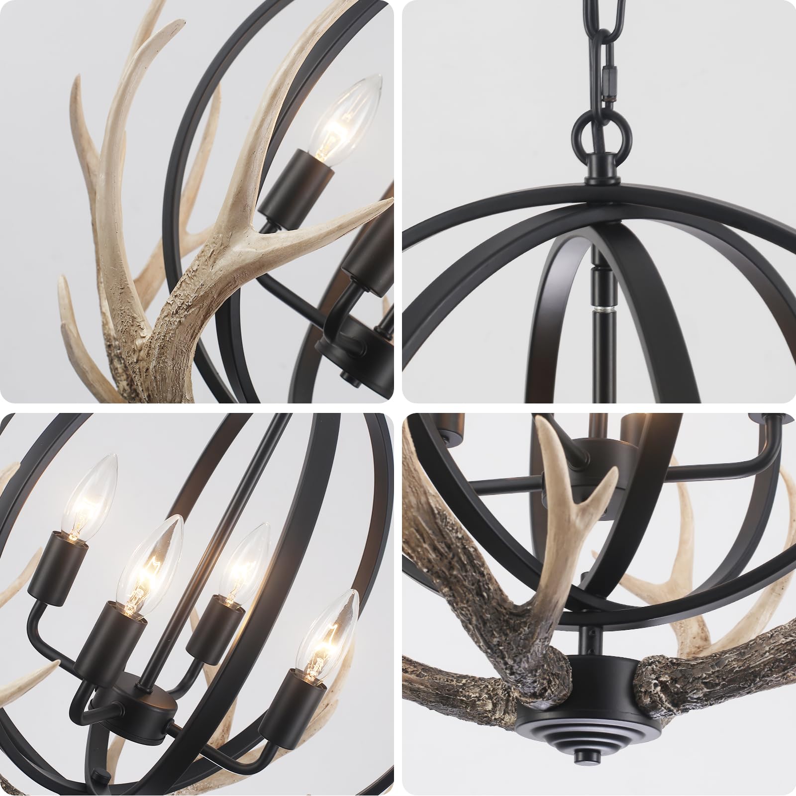 Antler Chandelier 4-Light Farmhouse Rustic Chandelier For Dining Room Light Fixture With 4 Resin Deer And Metal Globe Chandelier