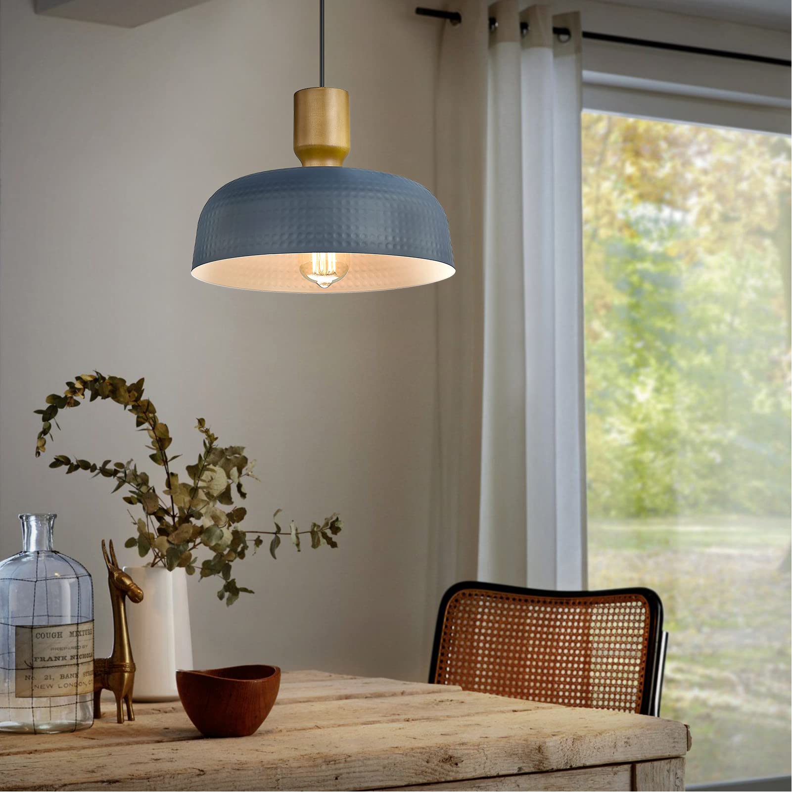 Darkaway Medium Blue Metal Pendant Light Fixture with Hammered Shade, Adjustable Height for Kitchen Island
