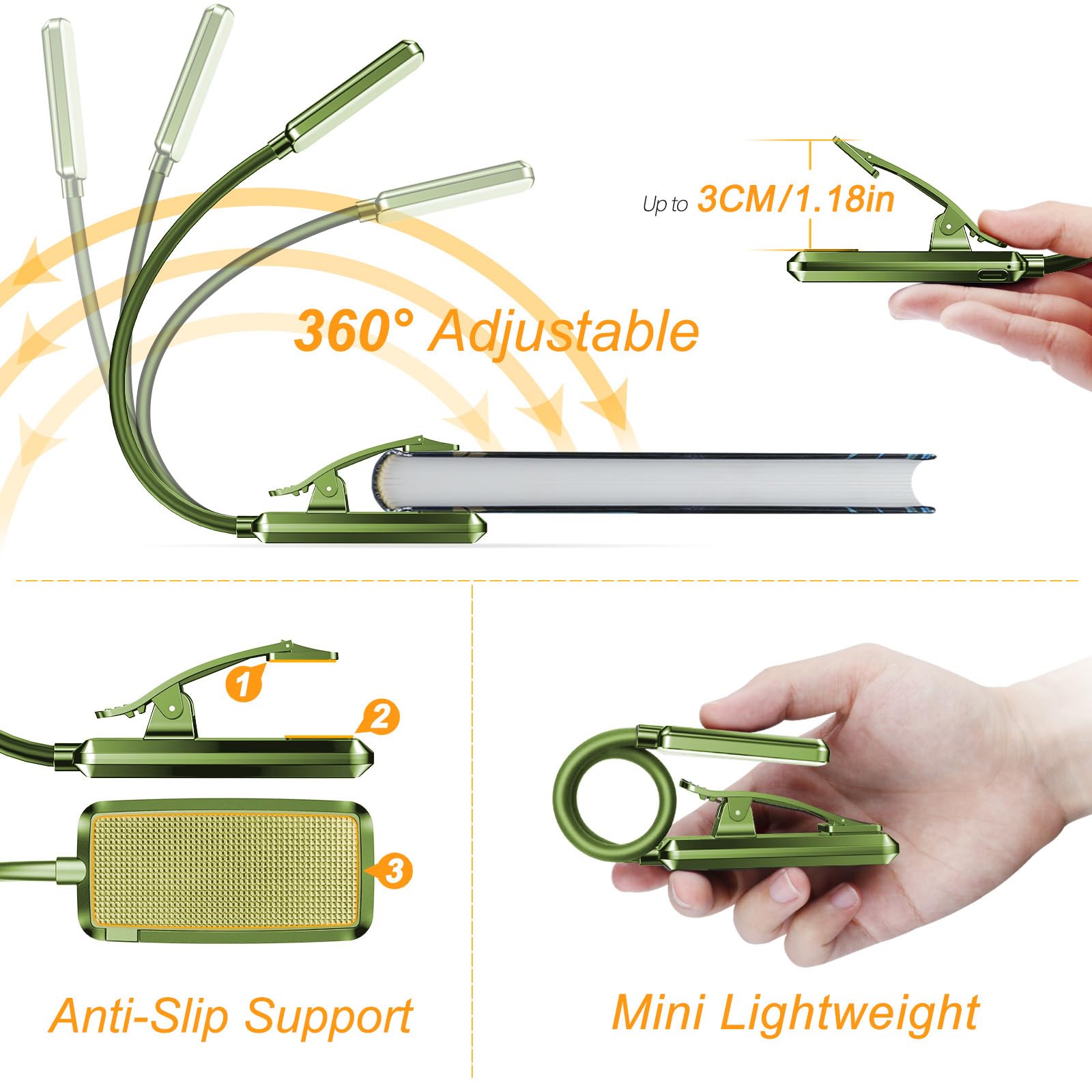 Gritin 9 Led Rechargeable Book Light For Reading In Bed - Eye Caring 3 Color Temperatures,Stepless Dimming Brightness,80 Hrs Run