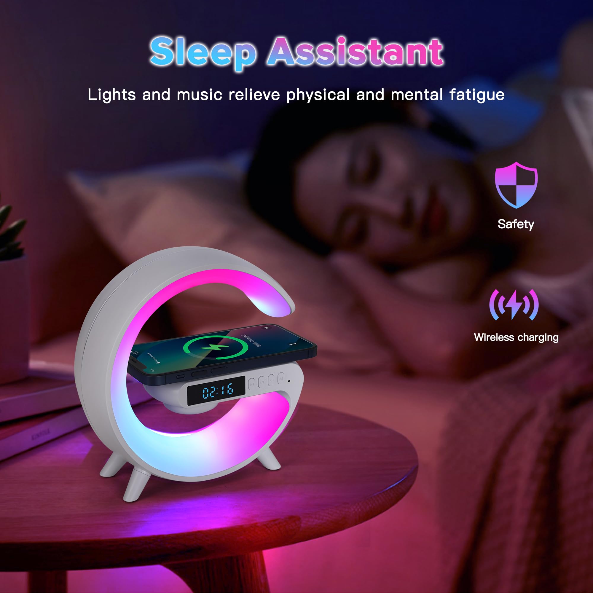 Leenabao Mini Wireless Speaker With Atmosphere Light, Wireless Charging, Alarm Clock And Bedside Lamp - Black