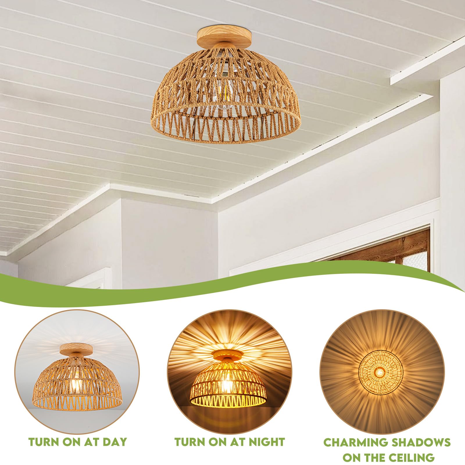 Boho Light Fixtures Ceiling Rattan Lights Boho Chandelier Flush Mount Ceiling Light Wooden Canopy Woven Lamp Shade Small Chandel