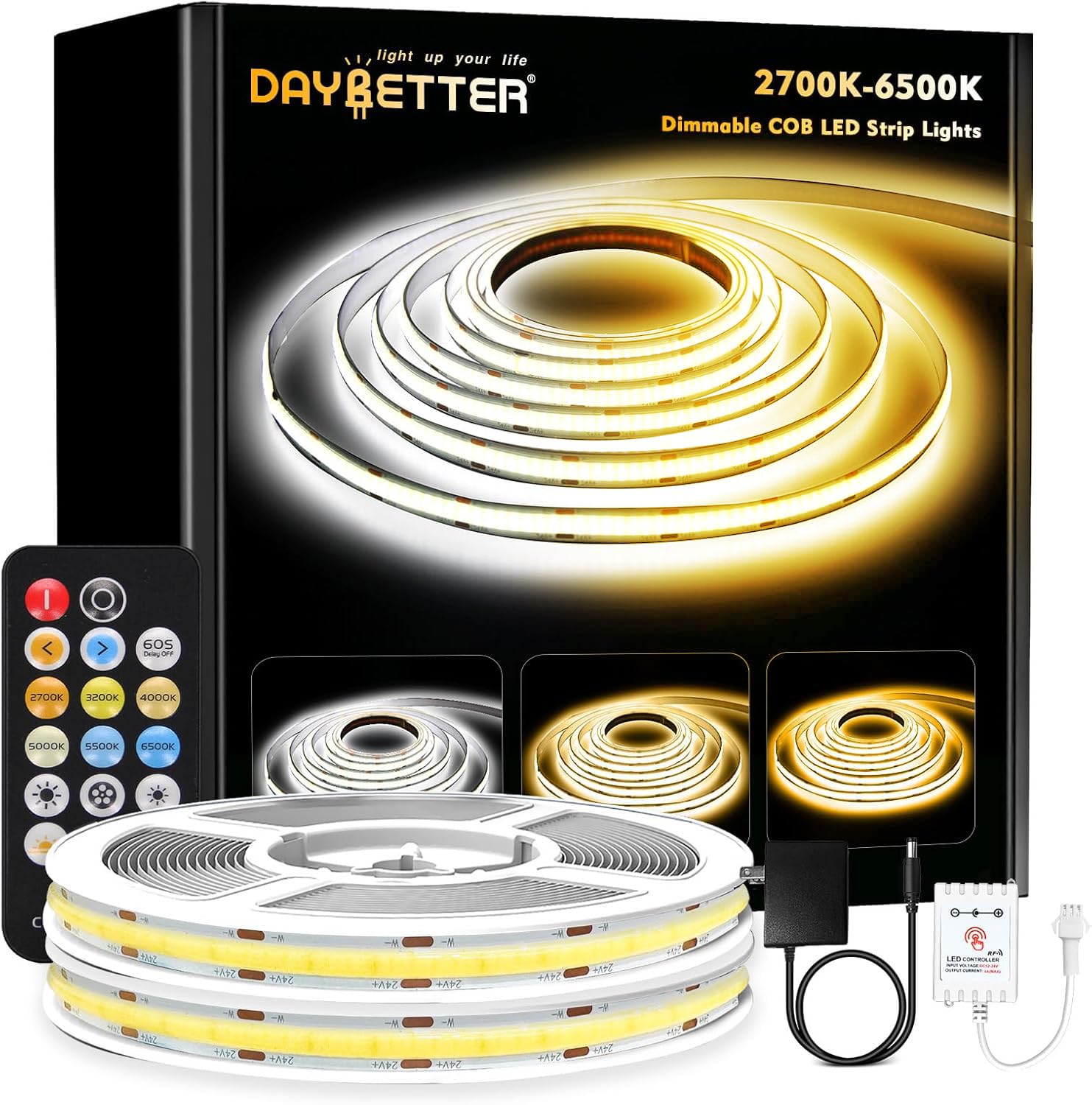 DAYBETTER COB LED Strip Light Tunable White, 32.8ft/10m 6080LEDs White LED Light Strips with Remote, 2700K-6500K Dimmable LED Ta