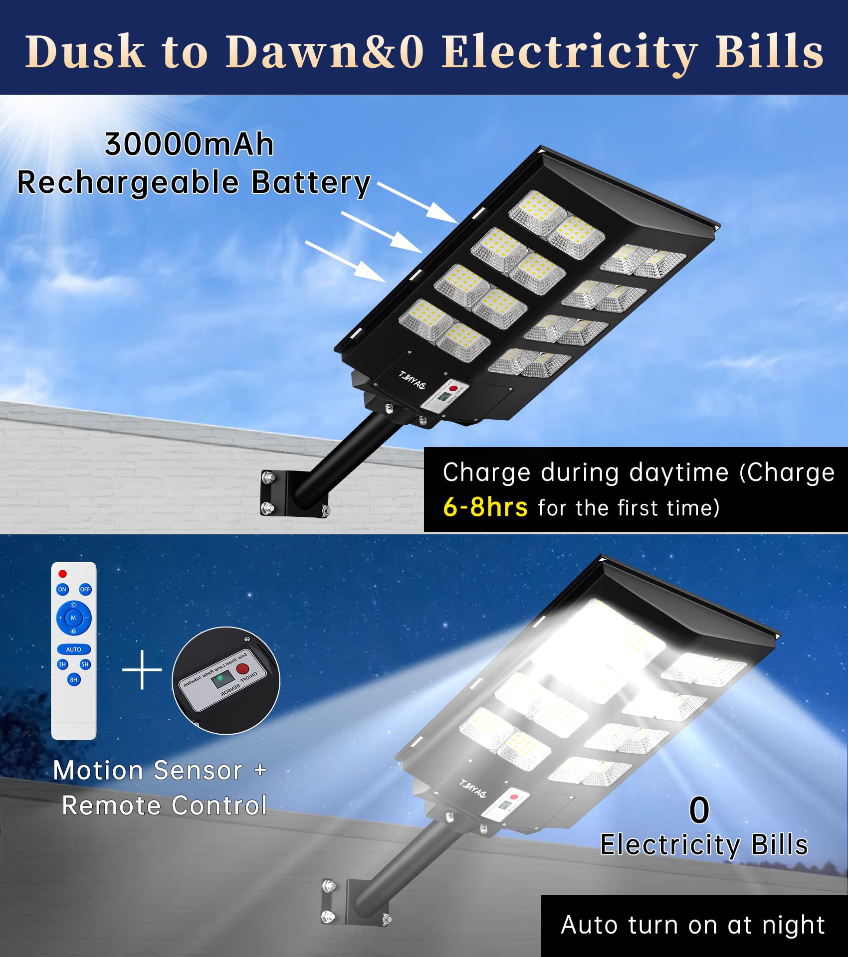 JAYNLT Y-3000W Solar Street Lights 300000LM 6500K Dusk to Dawn Waterproof Black Flood Lamps with Motion Sensor, 1Pack