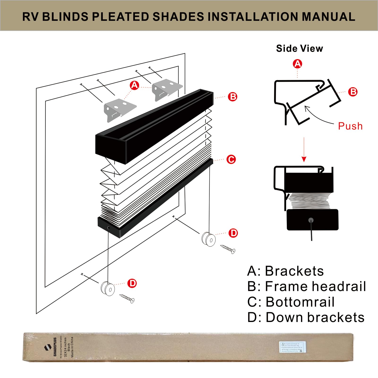 SHADEPLUS RV Pleated Window Shades, 44in W x 38in H, Black, Polyester Blend, Model NBZL-BLACK-44/38