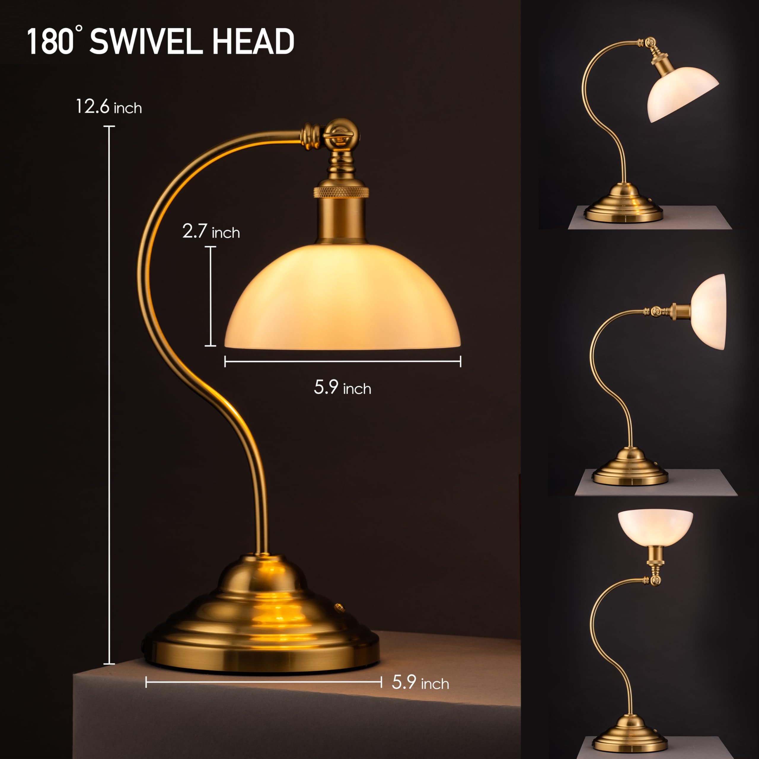 O'Bright Cordless LED Table Lamp, Rechargeable, 3-Level Dimming, 6.5x6x12.6", Antique Brass-White Glass, Model OB-TL23B