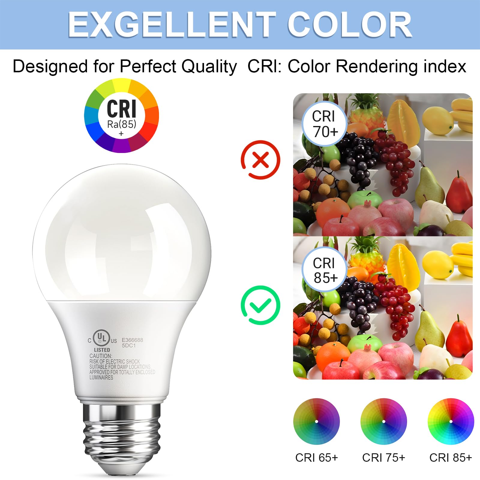 Led Light Bulbs Daylight White 5000K, 60 Watt Equivalent A19 Led Bulb, 9W E26 Standard Base, 800 Lumens 15000 Hours 120V, Non-Di