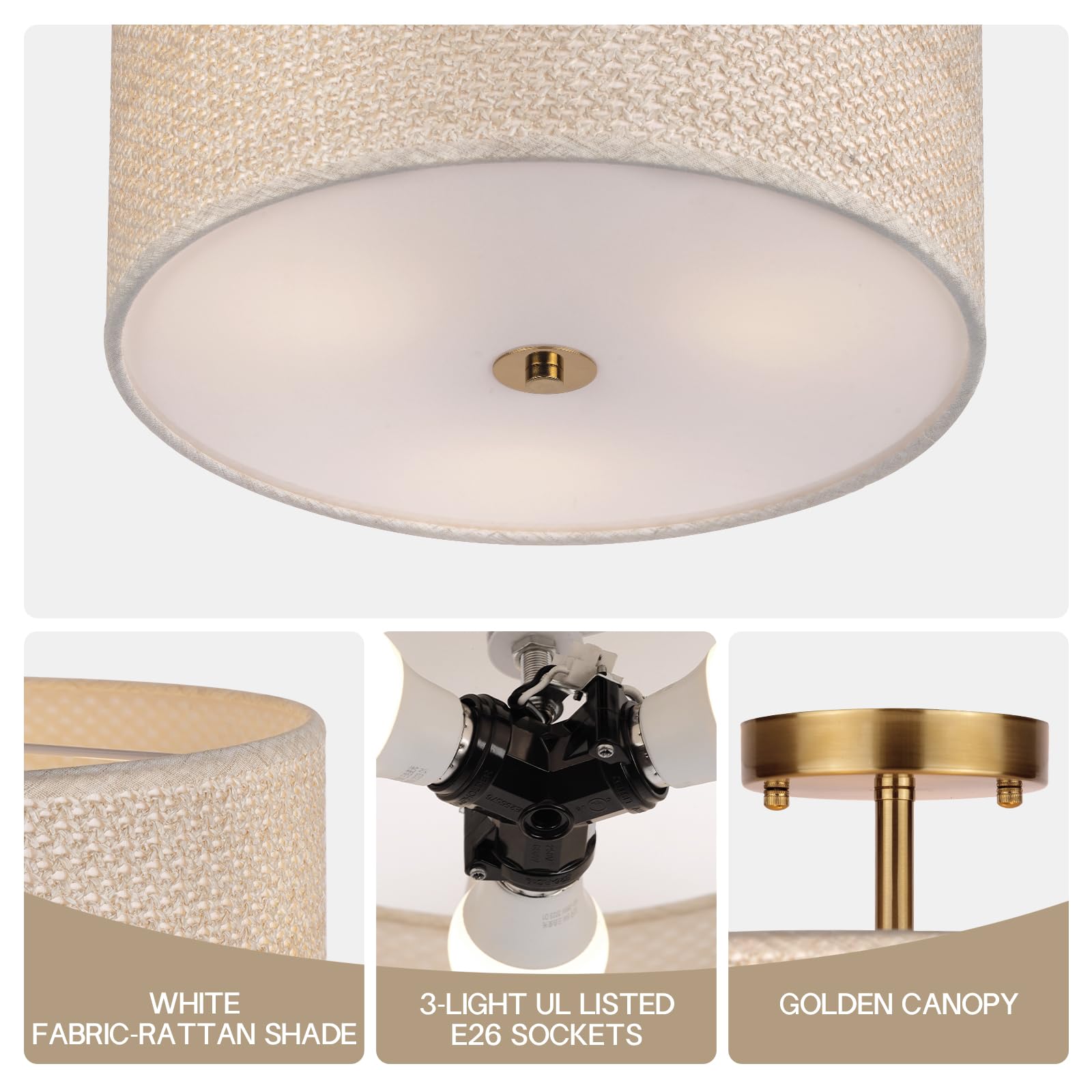 Clarsyne 13 Boho Rattan-Style Semi Flush Mount Ceiling Light Fixture  3-Light Modern Fabric Shade Drum Lamp  White Rustic Lighting For Bedroom  Kitchen  Dining Room  Living Room  Hallway  Entryway