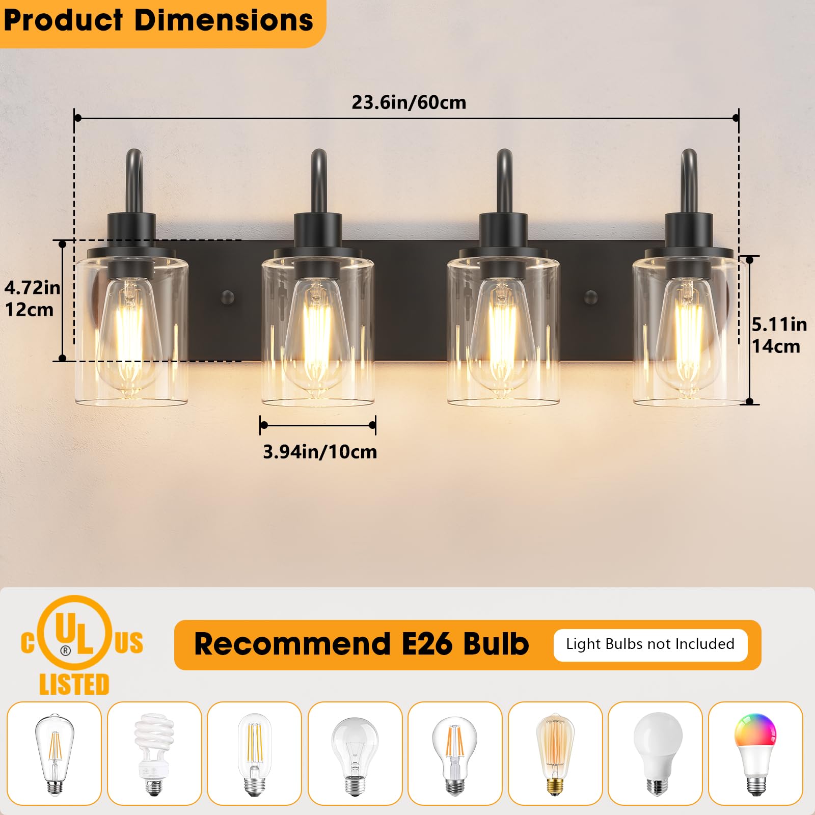 Baocuz 4-Light Vanity Lights For Bathroom, Modern Black Bathroom Light Fixtures Over Mirror, 23.6 Inch Bathroom Wall Sconces For