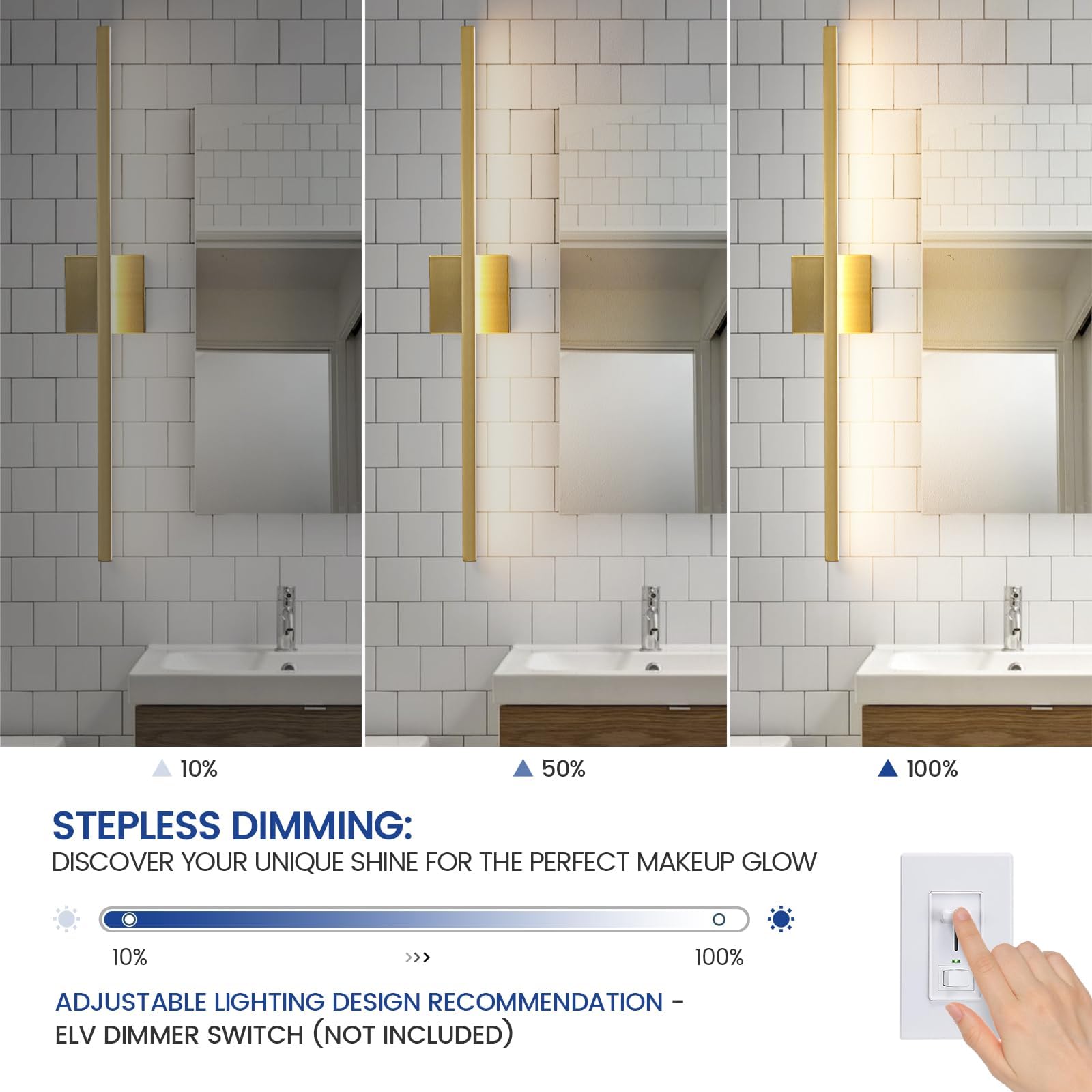Epinl Gold Bathroom Vanity Lights - 31.5" Brushed Gold LED Wall Sconce, Dimmable, Model 8081WL-5CCT, Metal Fixture for Bathroom/Bedroom