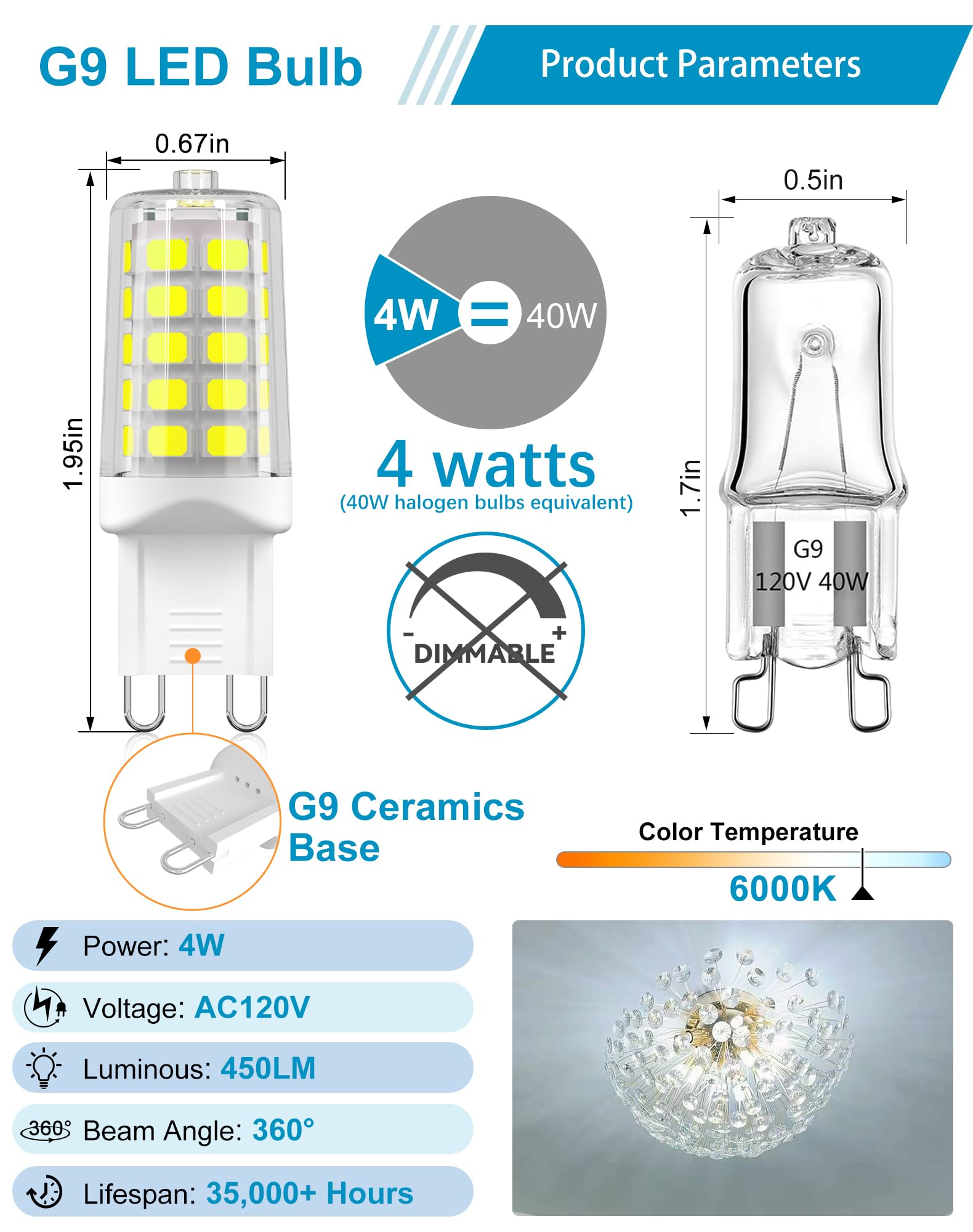 Gohdlamp G9 Led Bulbs, 40 Watt Equivalent T4 Chandelier Light Bulb, 6000K Daylight White 450 Lumens, Bi-Pin G9 Base Non-Dimmable