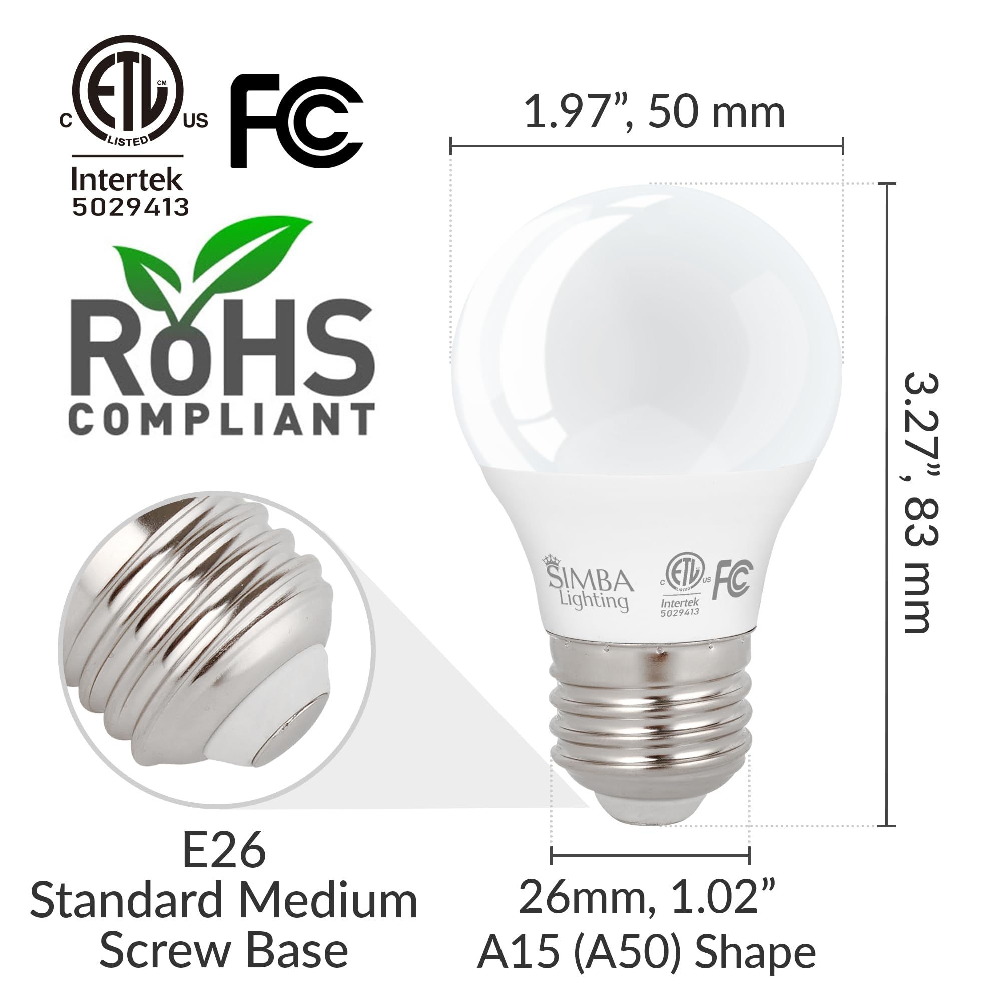 Simba Lighting Led A15 Etl Listed Light Bulbs (6-Pack) 5W 40W Replacement For Appliances, Refrigerators, Ceiling Fans, 120V, E26