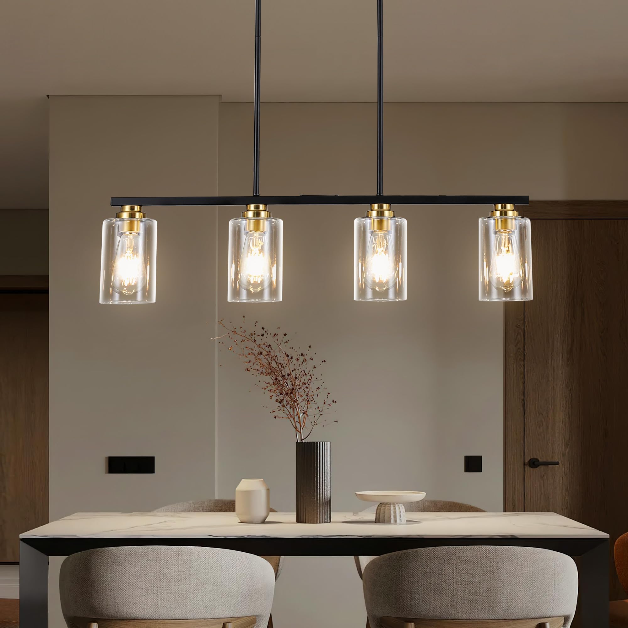 Mecgirn 4-Light Linear Chandelier Pendant Lighting, Black & Gold Metal Fixture for Kitchen Island & Dining Room, Model D0017-4-BG