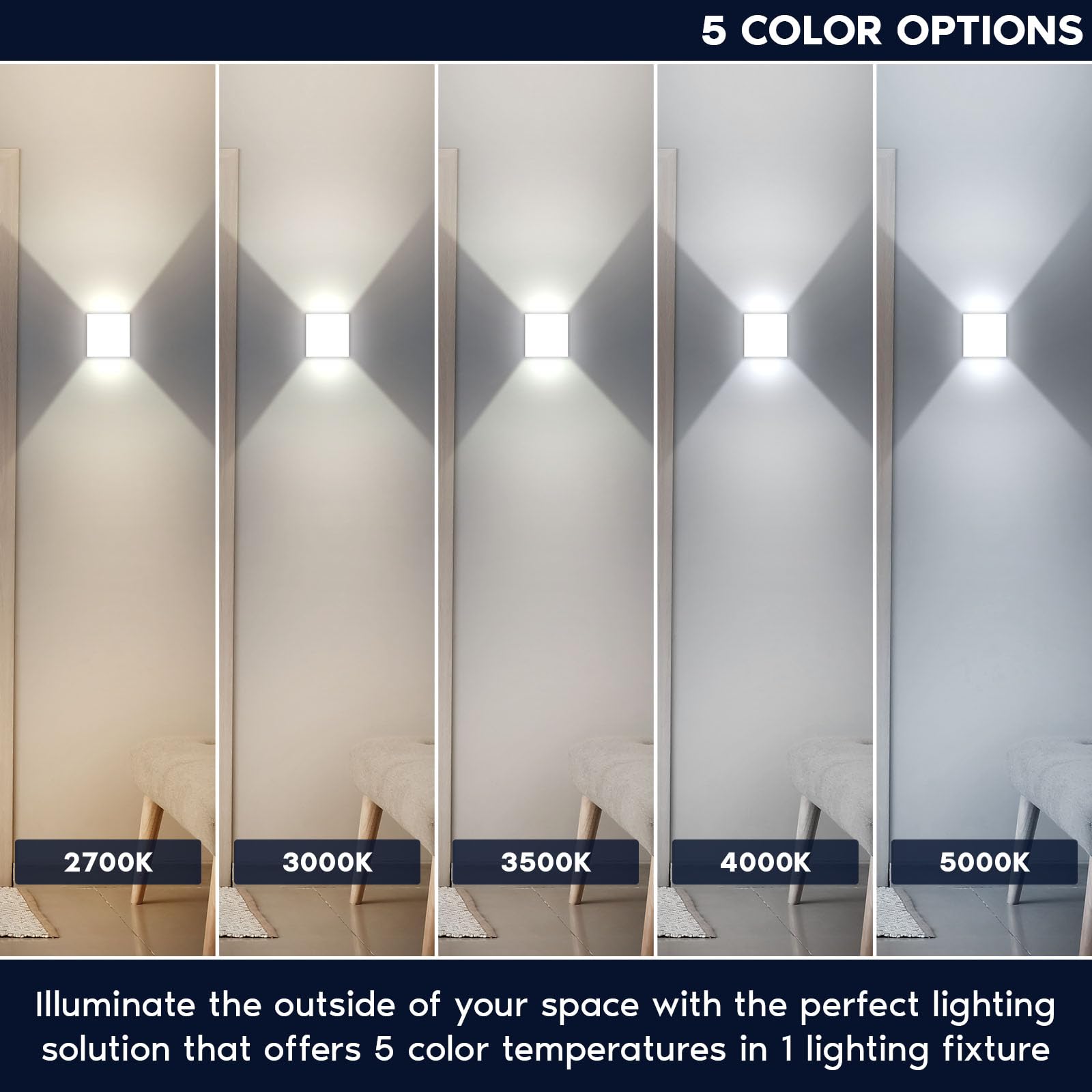 LUXRITE Square LED Wall Sconce, 5CCT 15W 1000LM, Metal, IP65 Waterproof, Modern Design, White, Model LR40310