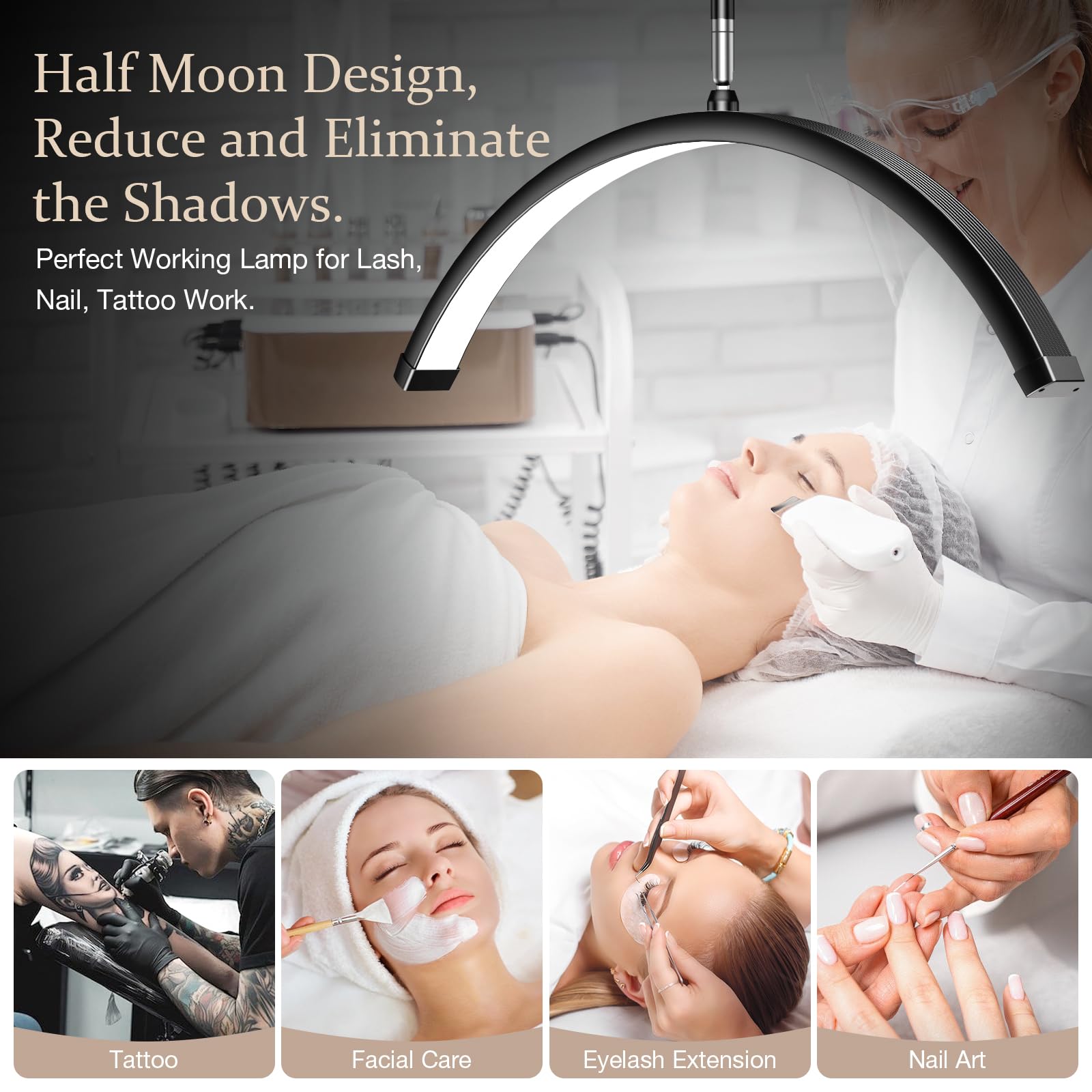 Mznoo Lash Light, 30W/3600Lm Bright Half Moon Light For Eyelash Extensions, Nails And Tattoos, 23In Large Led Floor Lamp Adjusta