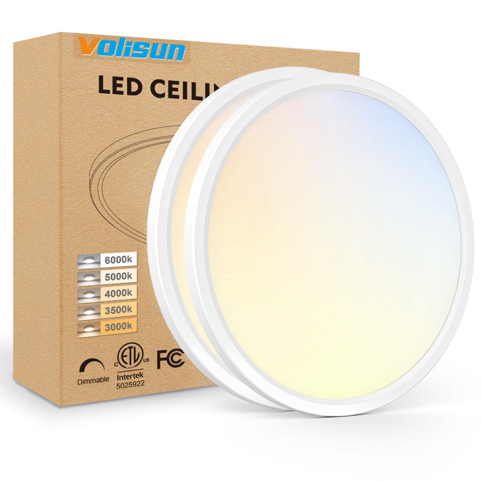 VOLISUN 2Pack 5 CCT LED Flush Mount Ceiling Light,12 inch Dimmable Ultra-Thin LED Ceiling Light Fixture, 3000K-6500K Selectable,