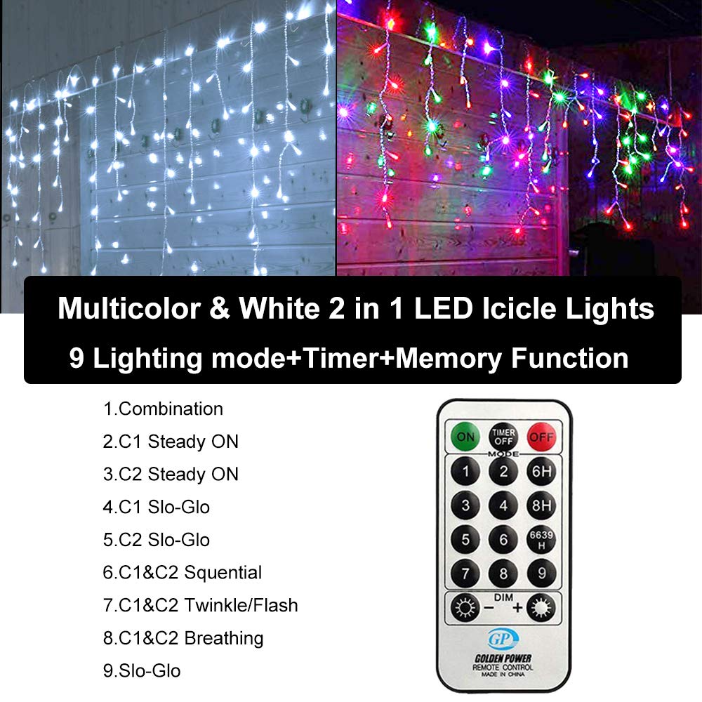 Toodour Icicle Christmas Lights, 360 LED Color Changing, 29.5ft, Remote Control, White & Multicolor, Model JT-EL/FC300V0200-C